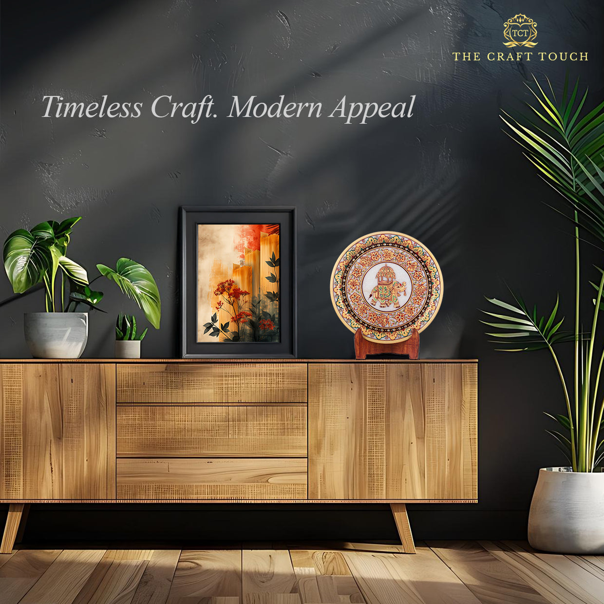 Handcrafted Marble Art Plate – Elephant Design with Gold & Floral Motif 9inch (With Velvet Box)