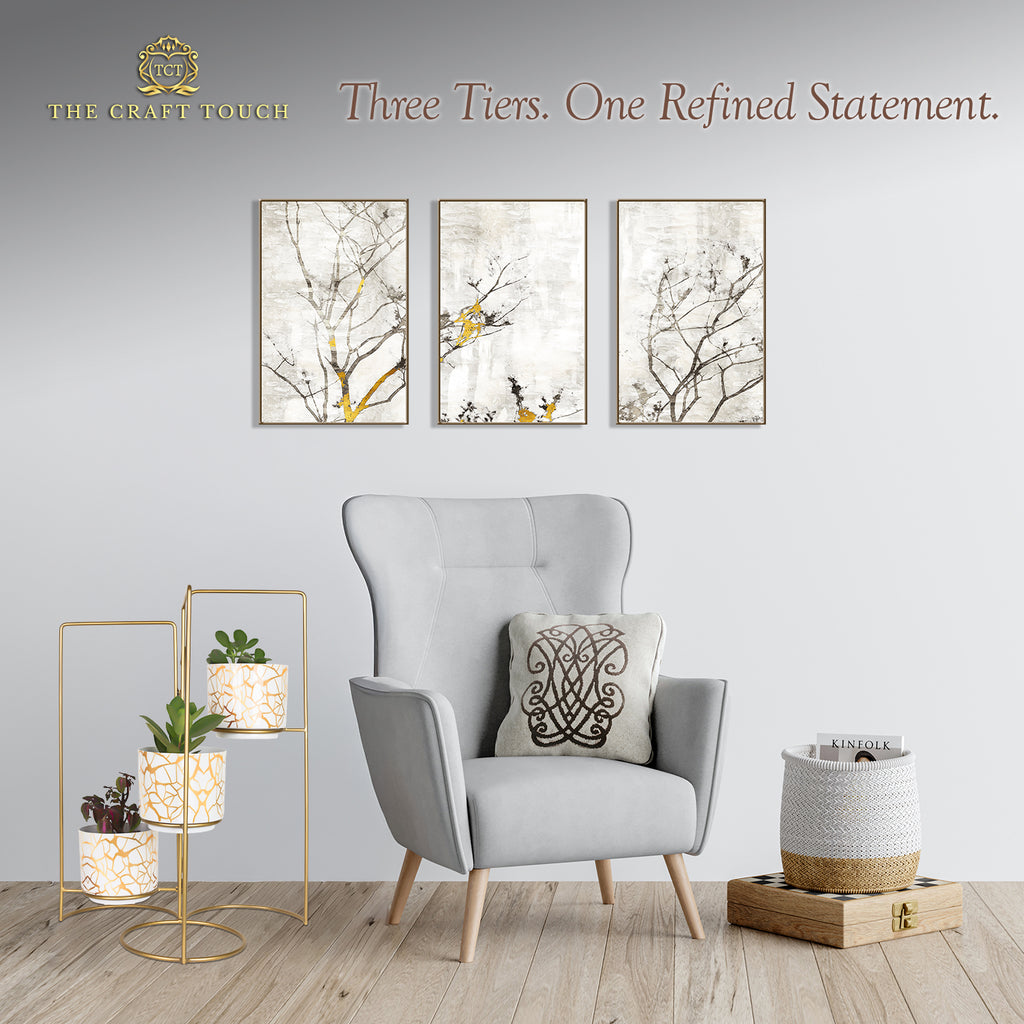 3-Tier Gold Frame Planter Stand with White & Gold Design pots