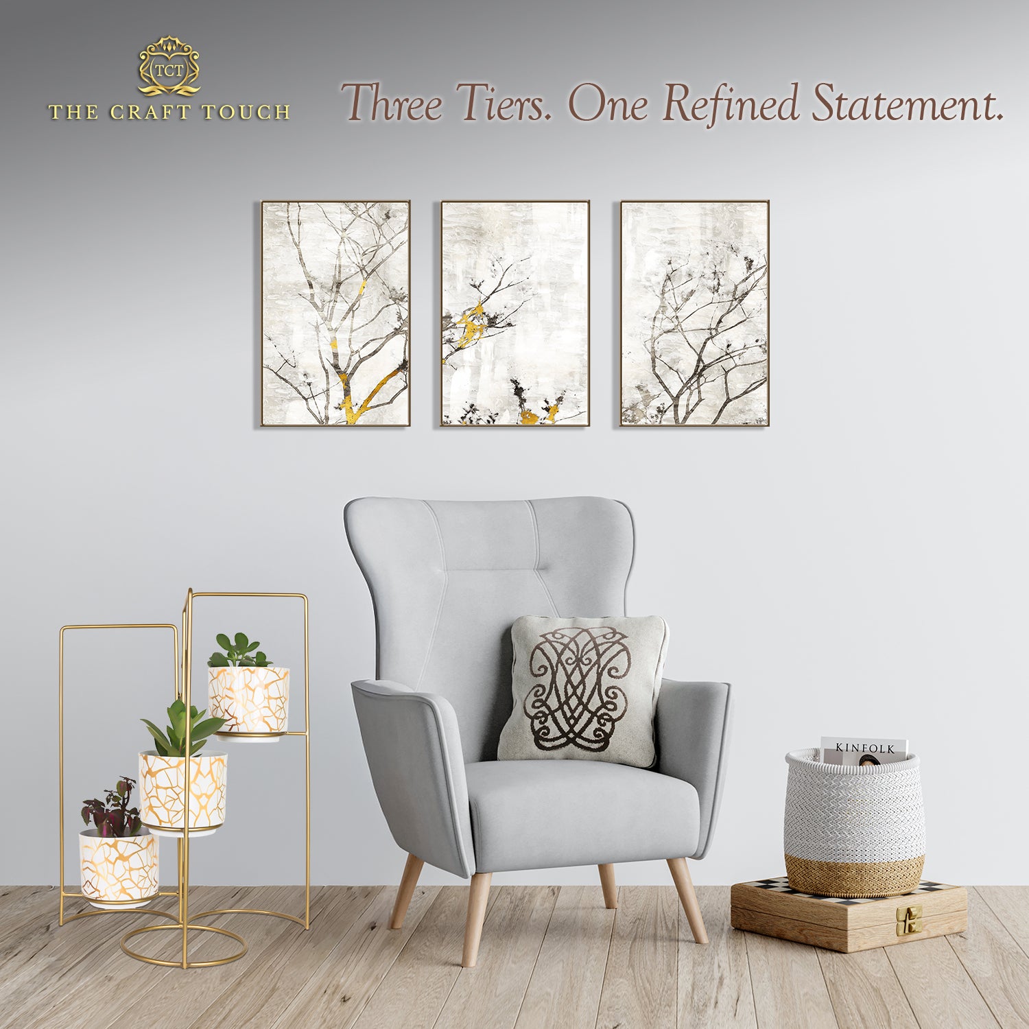 3-Tier Gold Frame Planter Stand with White & Gold Design pots