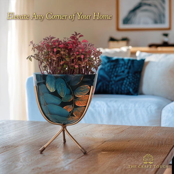 Rust Leaf Design Metal Planter with Gold Stand
