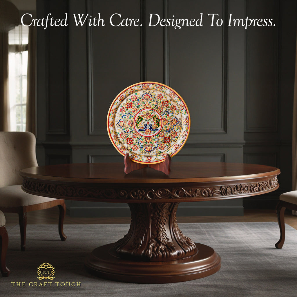 Traditional Elephant Marble Art Plate with Intricate Floral Design