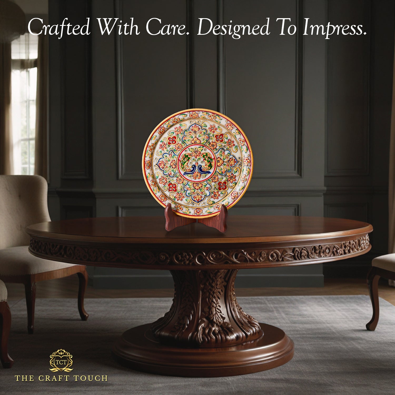 Traditional Elephant Marble Art Plate with Intricate Floral Design