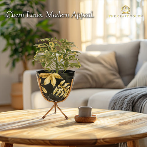 Black & Gold Botanical Metal Planter with Sculptural Stand