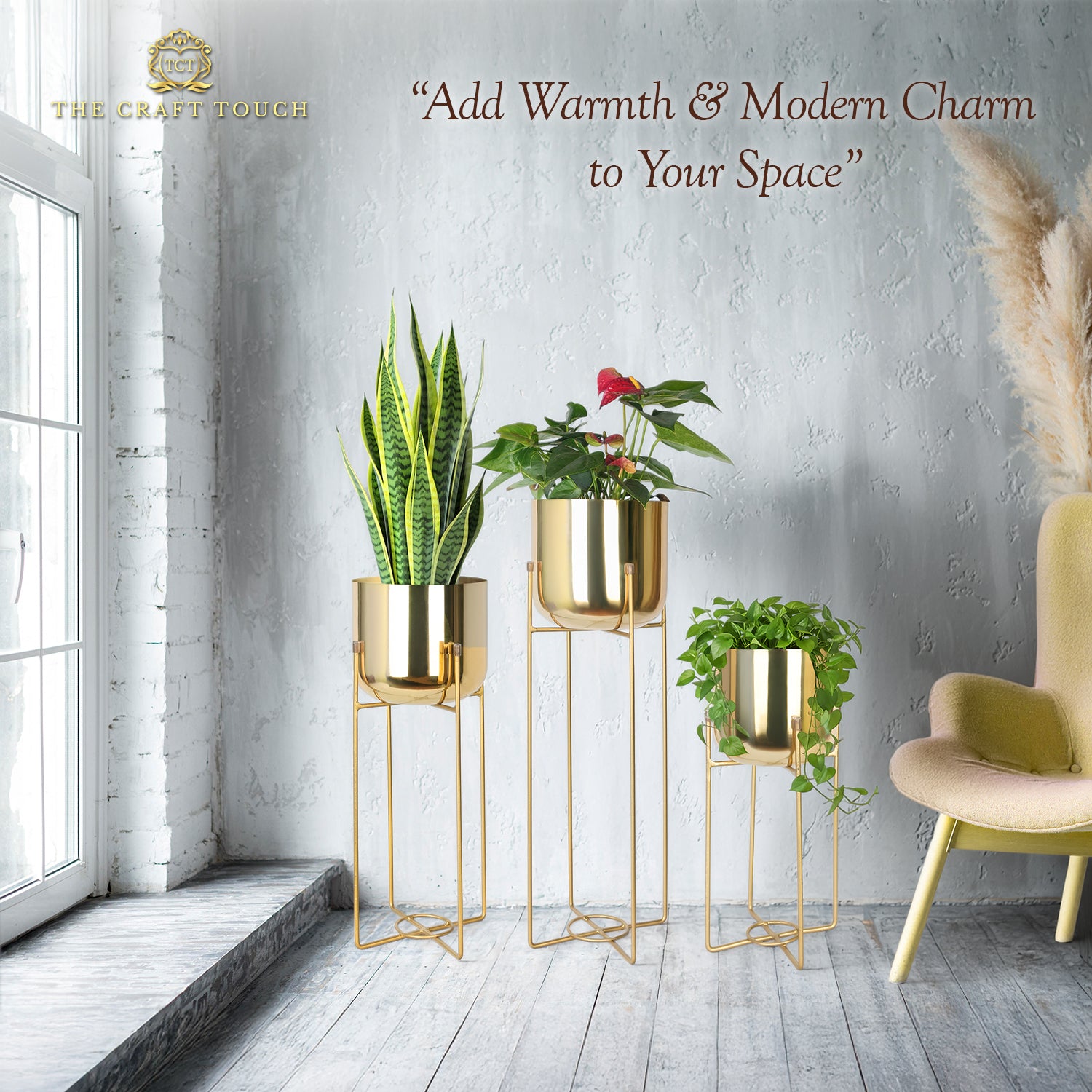 Gold Metal Planter Set – Sleek Design with Modern Stand