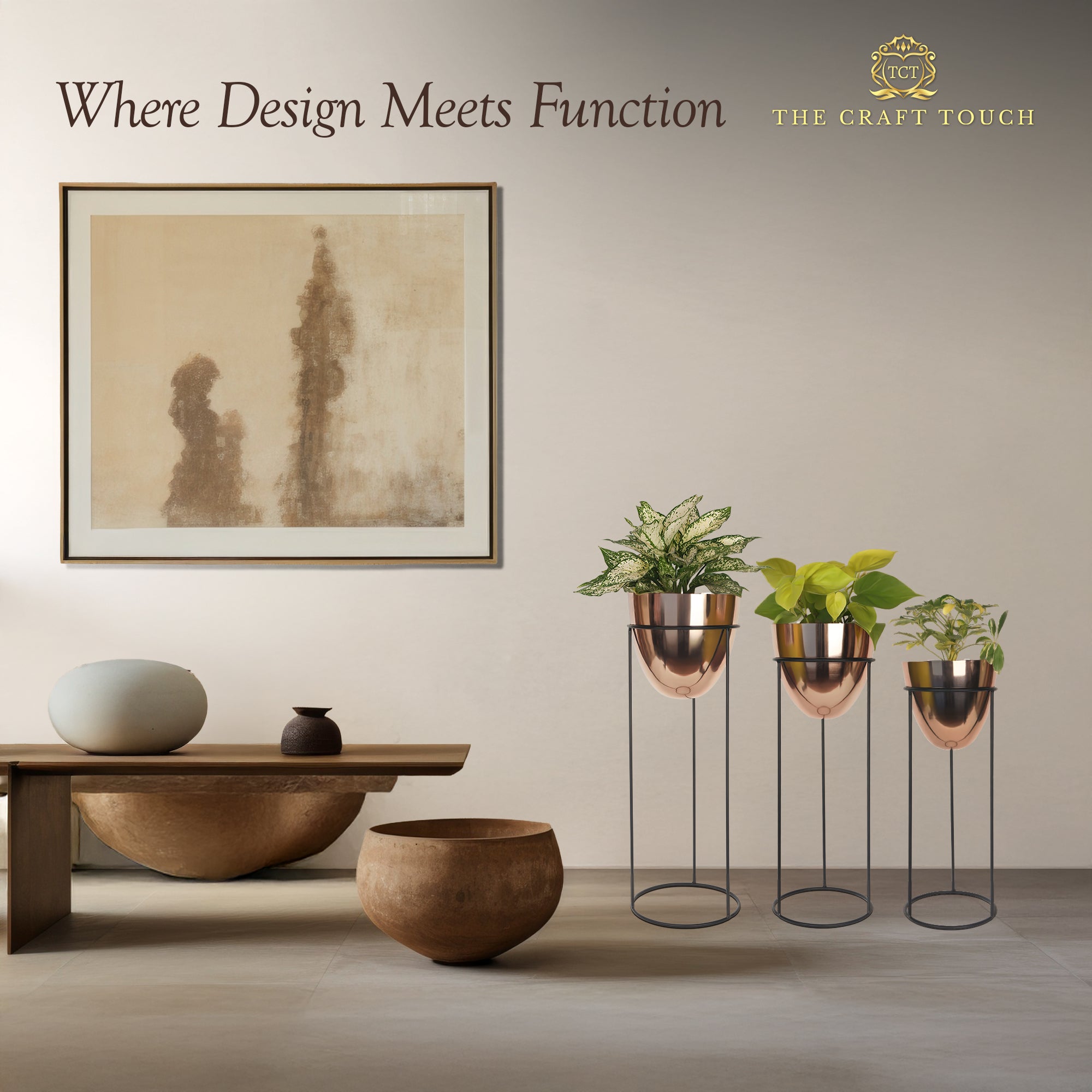 Modern Copper Planter Set – Glossy Finish with Black Stand