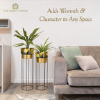 Gold Leaf Design Metal Planter Set –  with Black Stand