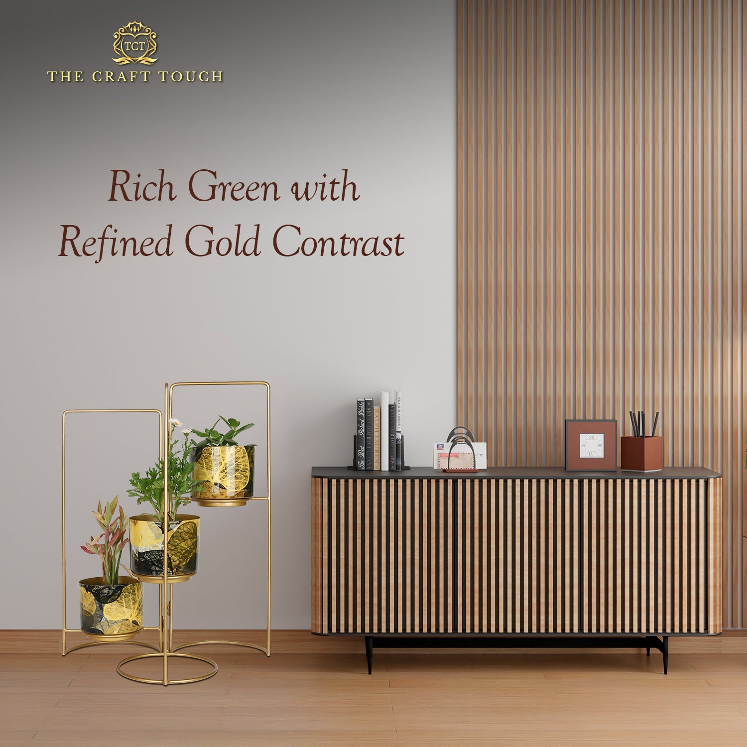 3-Tier Gold Frame Planter Stand with Gold Botanical Leaf Pots