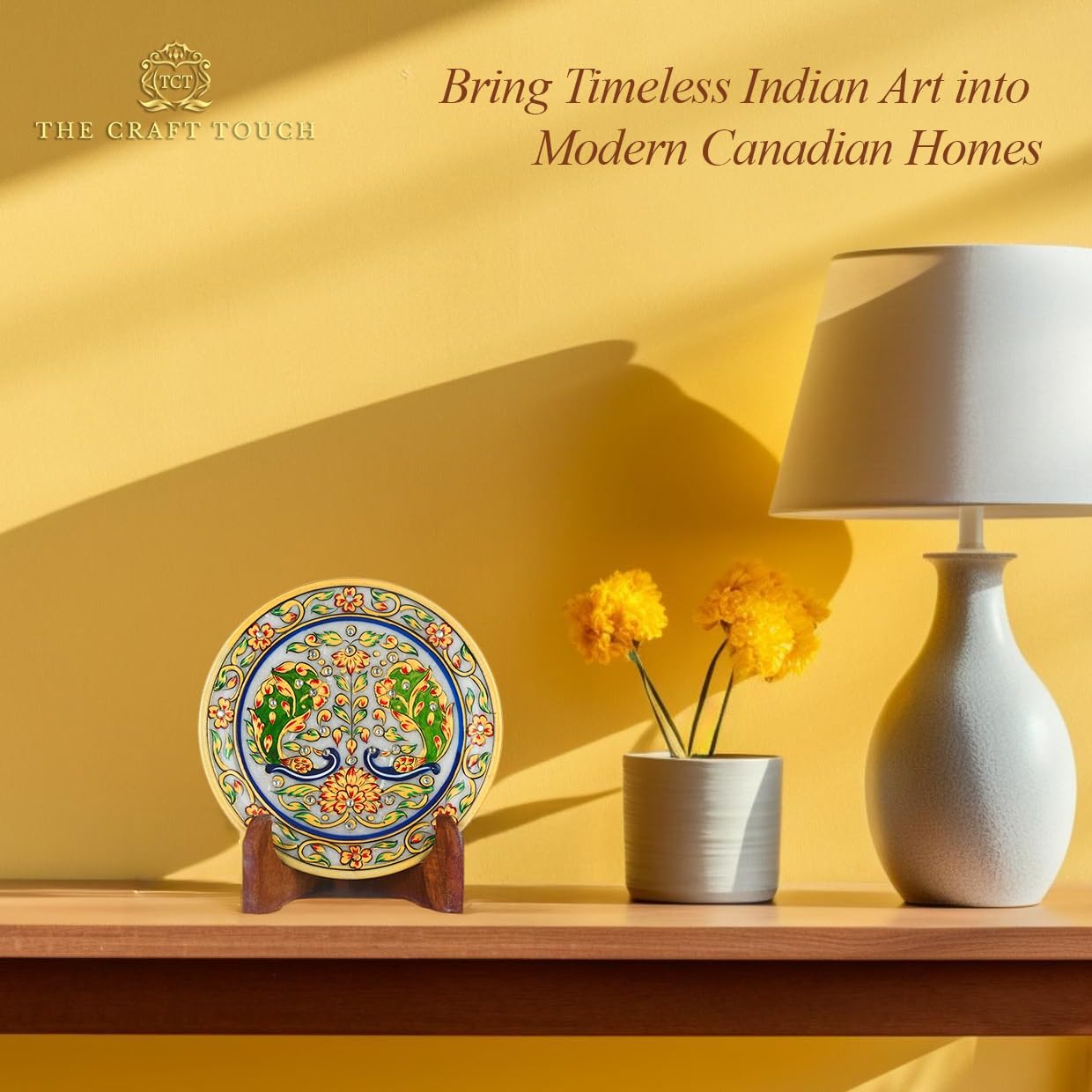 Handcrafted White Marble Decorative Plate, Gold Peacock & Floral Design, Luxury Hand-Painted Artisan Art for Home Décor | Perfect for Weddings, Housewarmings & Festive Gifting