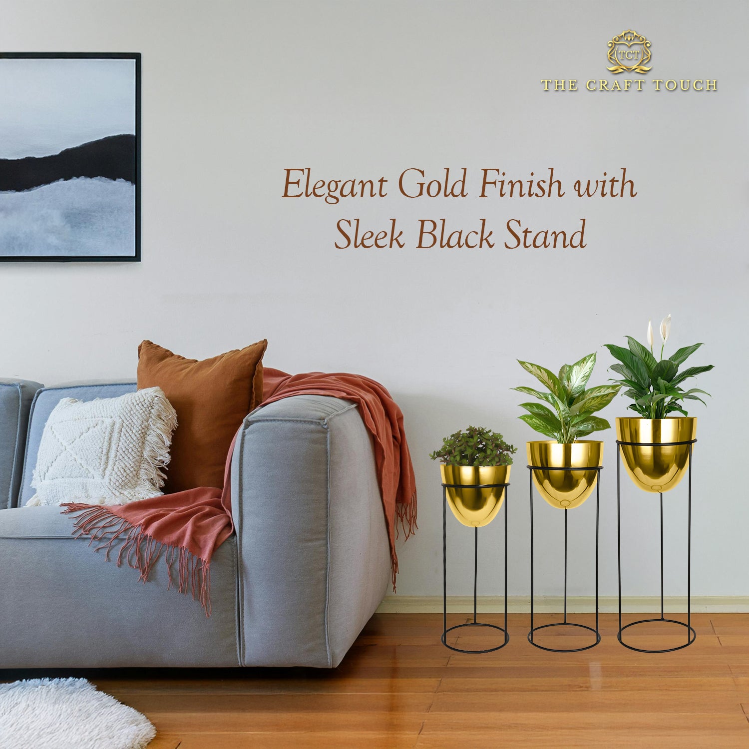 Modern Gold Planter Set – Glossy Finish with Black Stand