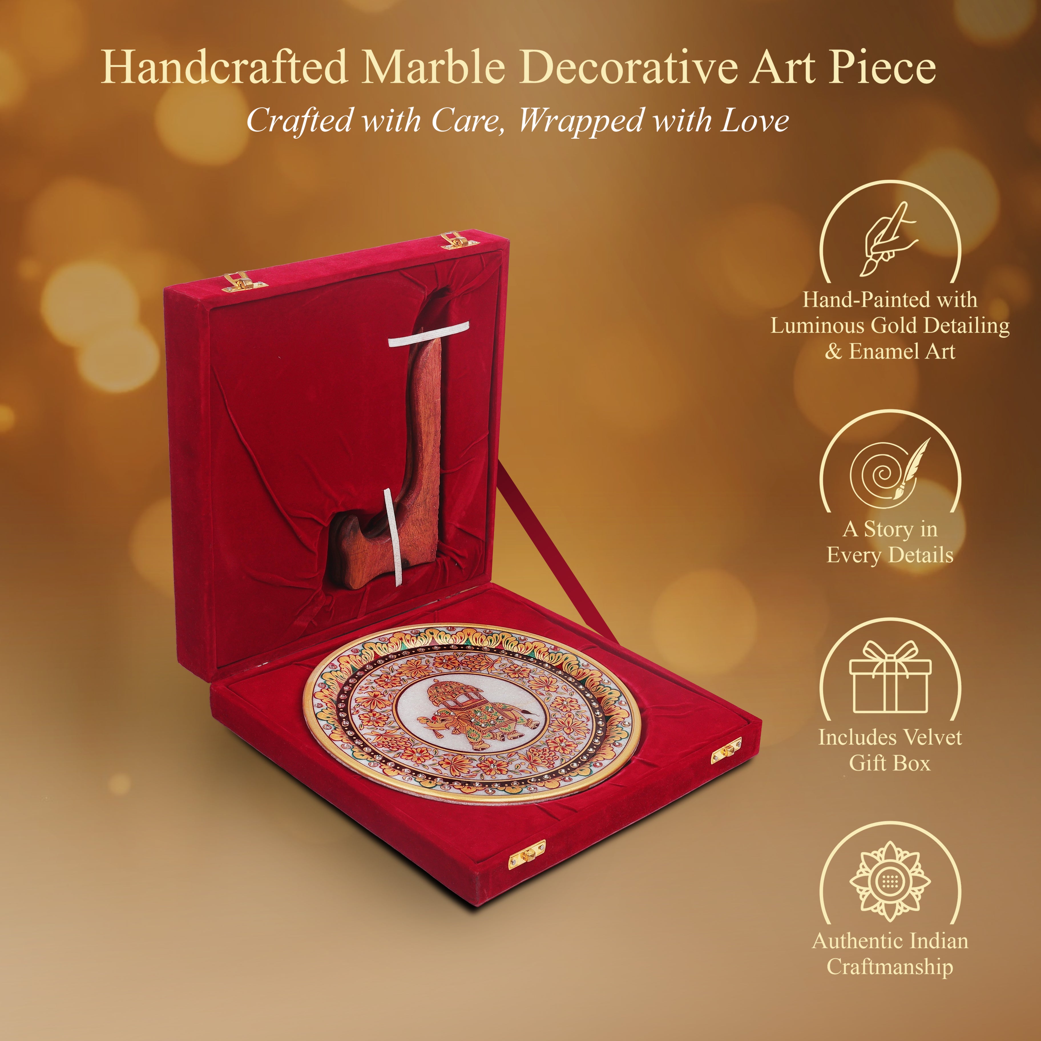 Handcrafted Marble Art Plate – Elephant Design with Gold & Floral Motif 9inch (With Velvet Box)