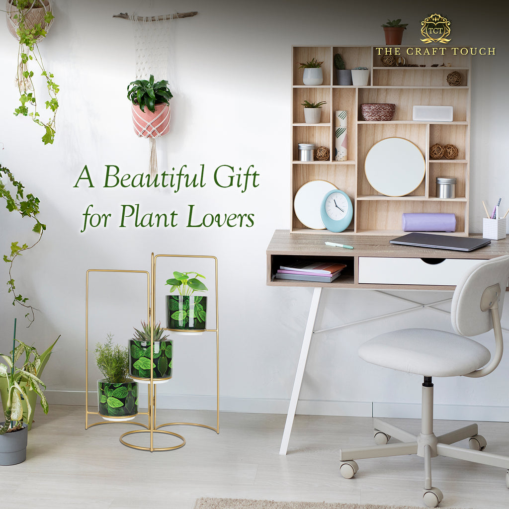 3-Tier Gold Frame Planter Stand with Green Botanical Leaf Pots