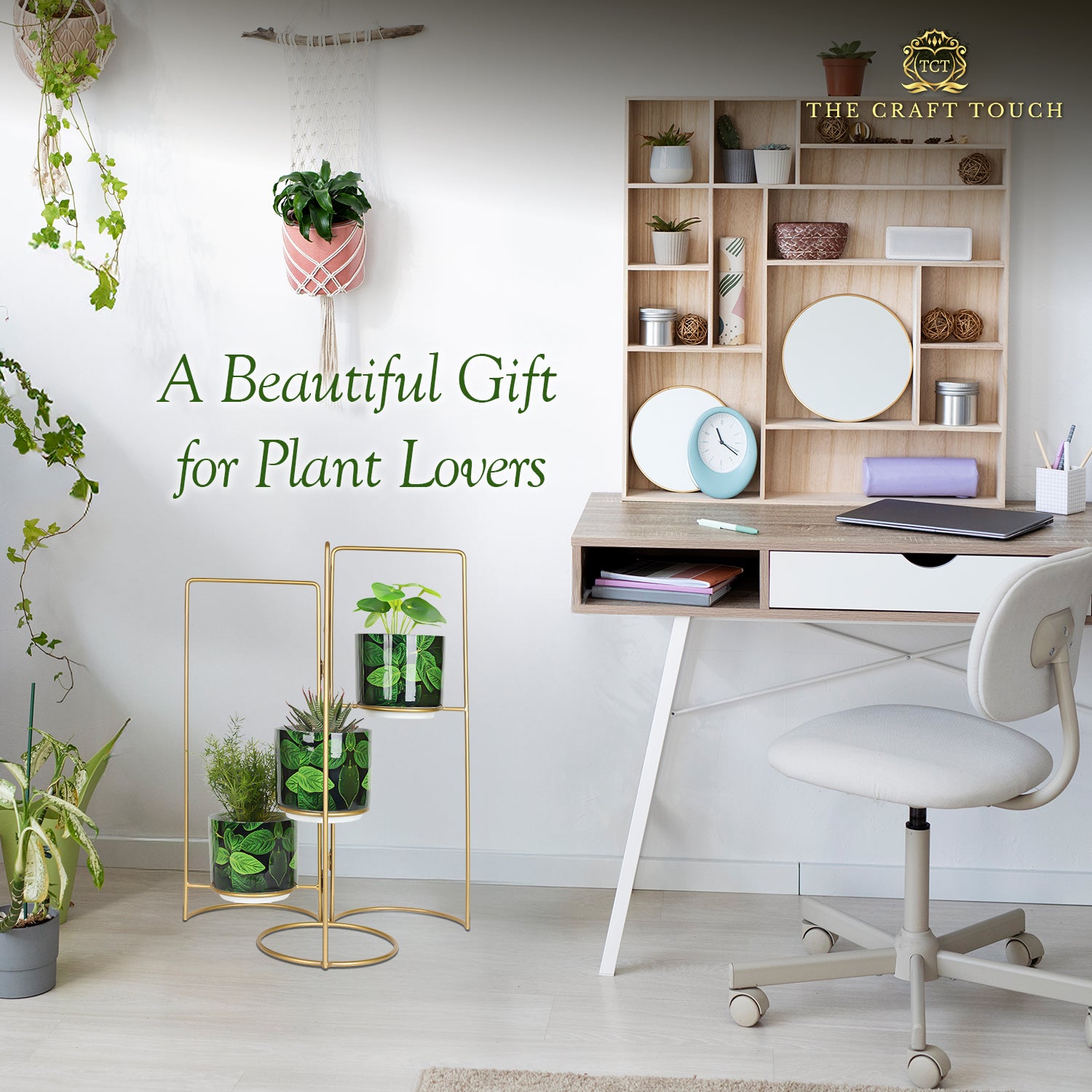 3-Tier Gold Frame Planter Stand with Green Botanical Leaf Pots