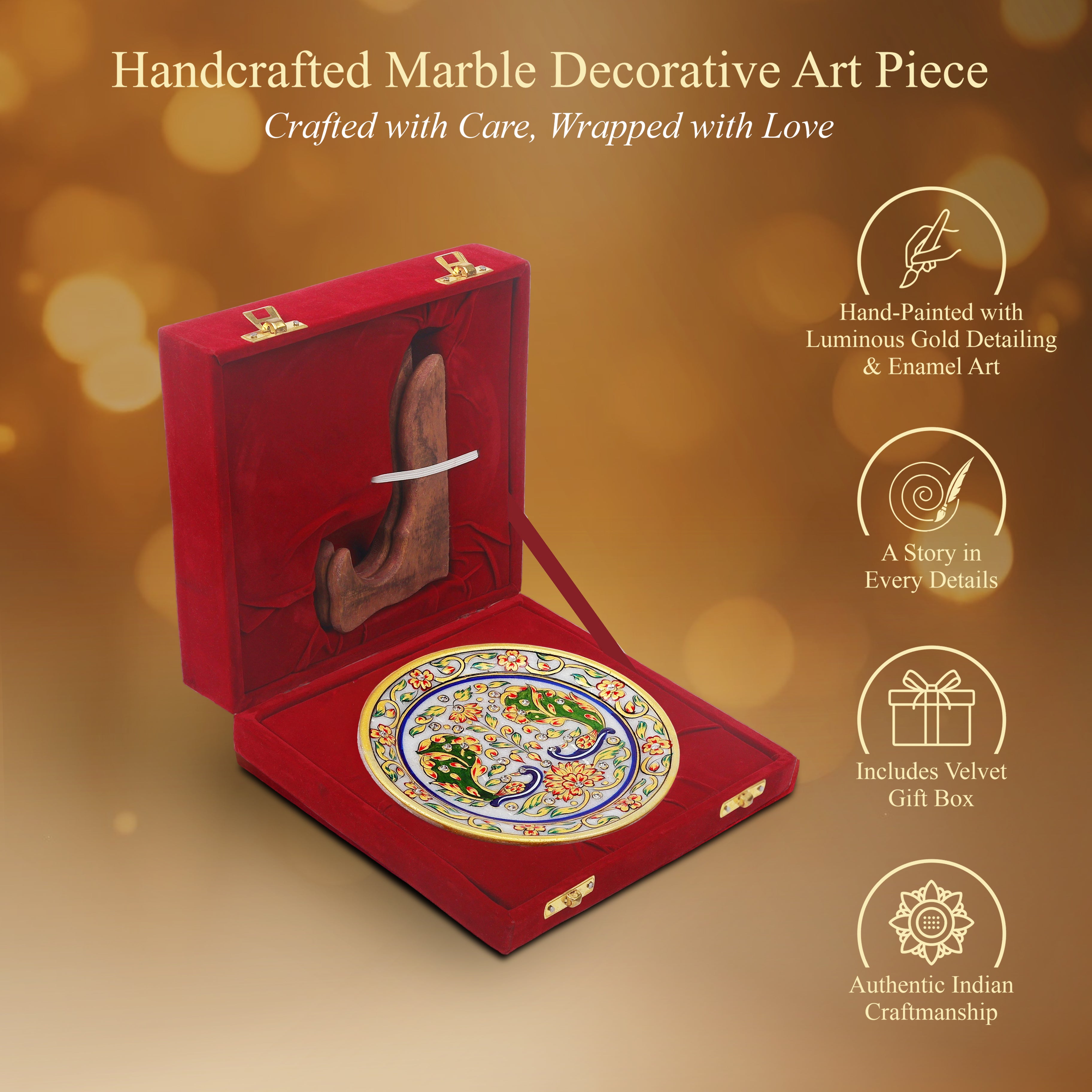 Handcrafted Marble Art Plate – Floral & Peacock Design 6inch (With Velvet Box)
