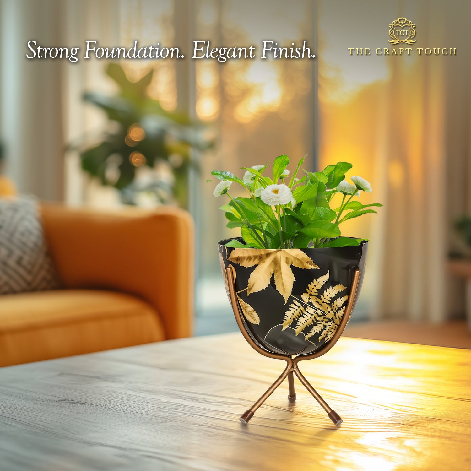 Black & Gold Botanical Metal Planter with Sculptural Stand