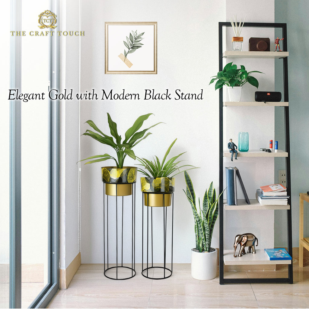 Gold Leaf Design Metal Planter Set –  with Black Stand