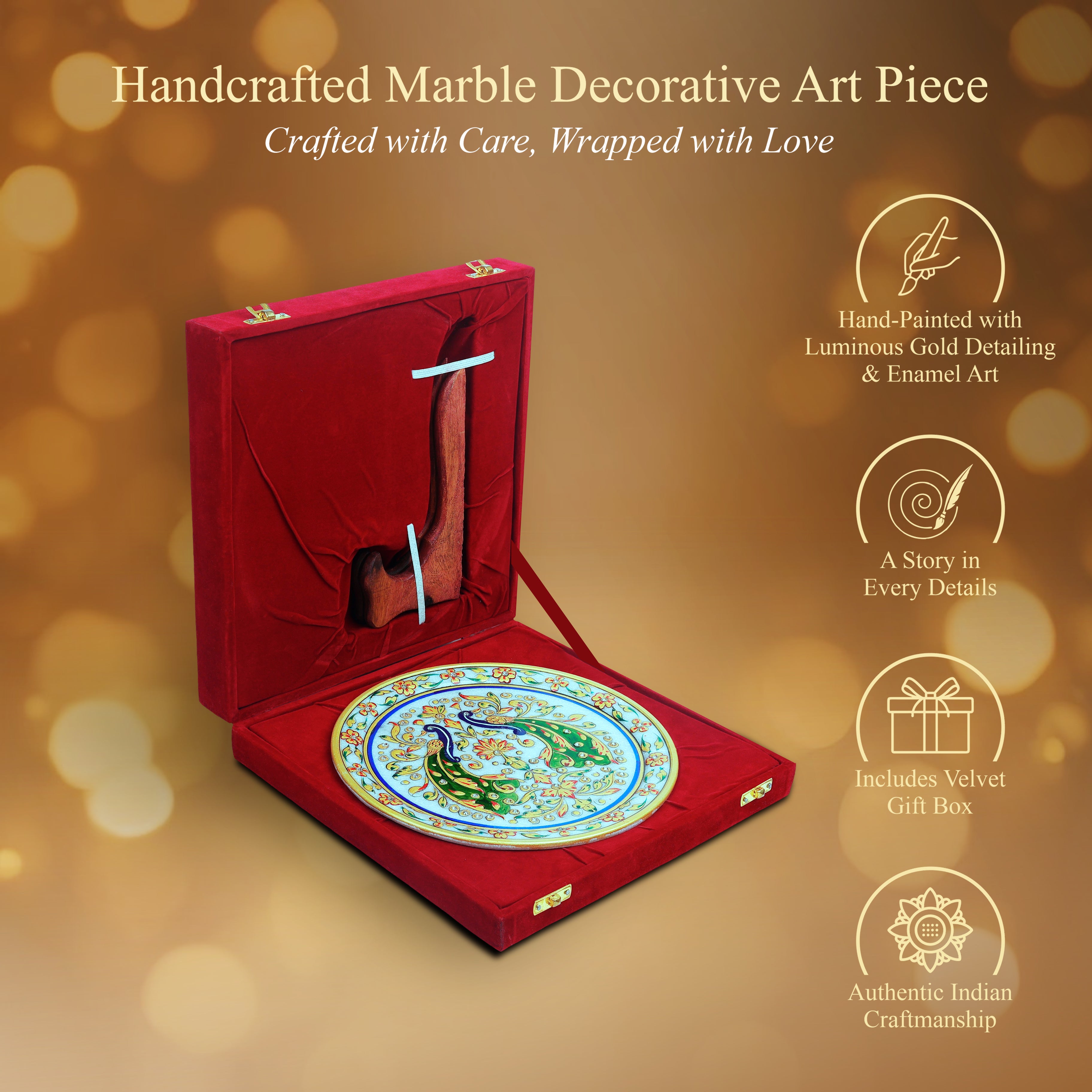 Luxury Handcrafted Marble  art Plate – Peacock & Floral Design 9inch (With Velvet Box)
