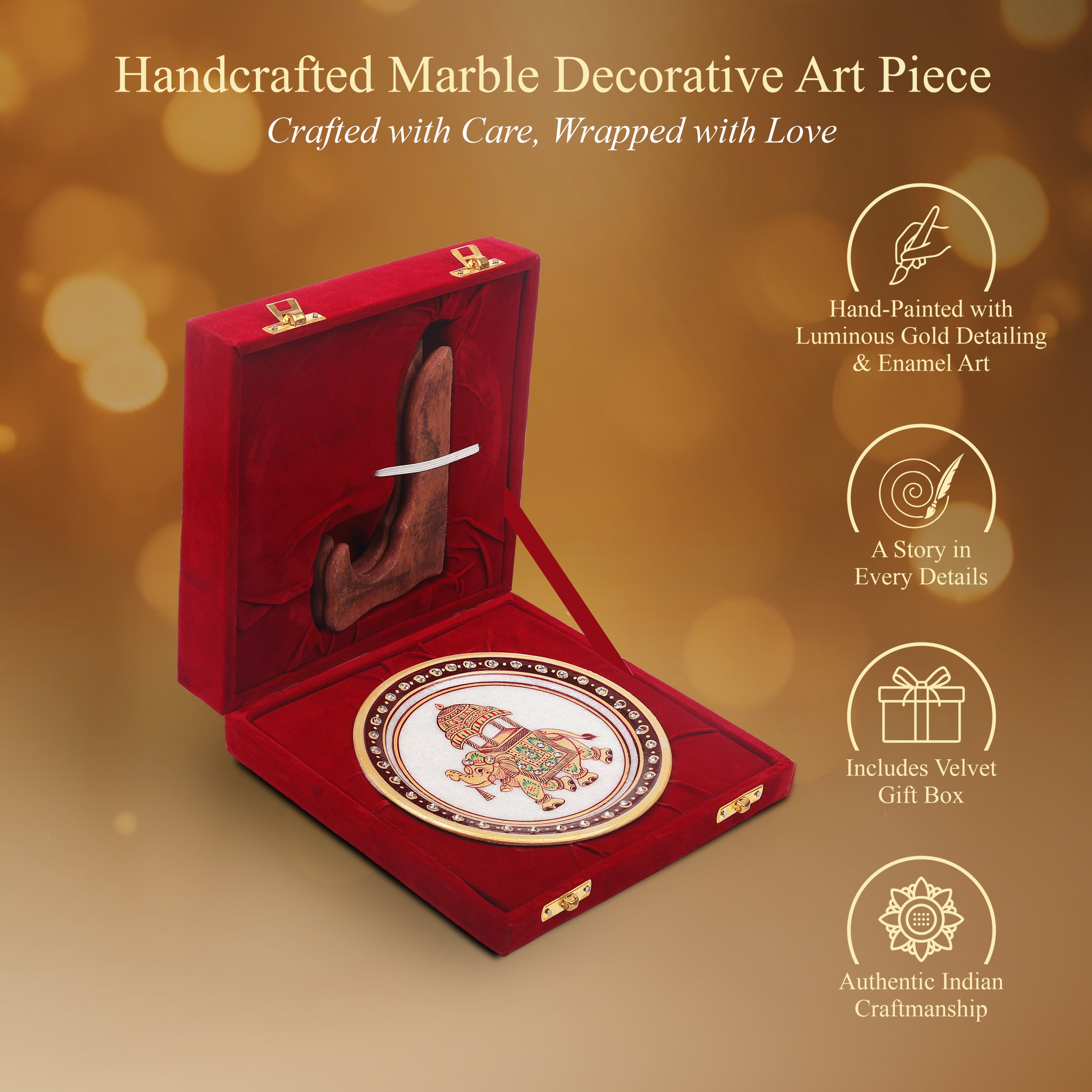 Handcrafted White Marble Art Plate – Gold Elephant Design 6inch (With Velvet Box)