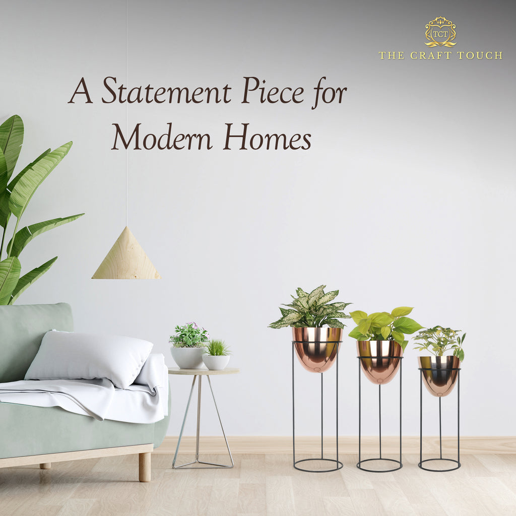 Modern Copper Planter Set – Glossy Finish with Black Stand
