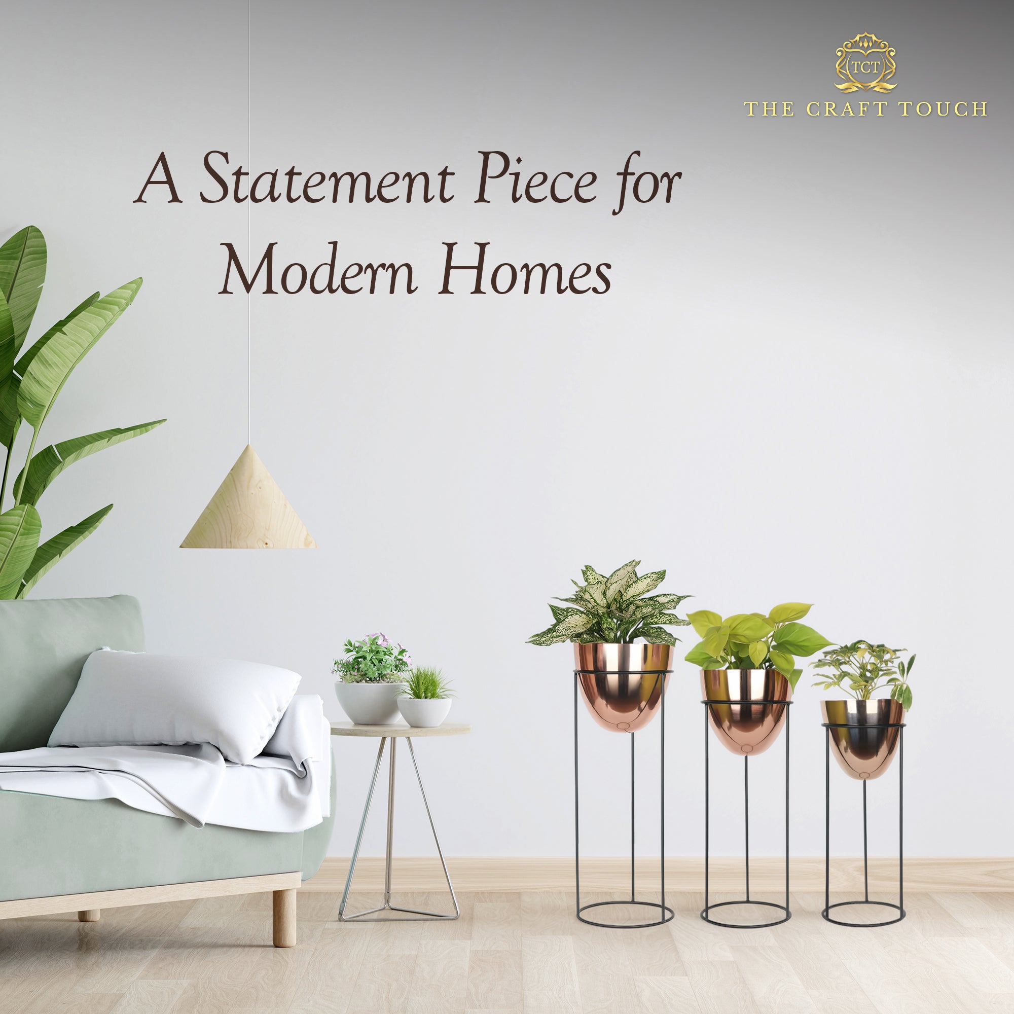 Modern Copper Planter Set – Glossy Finish with Black Stand