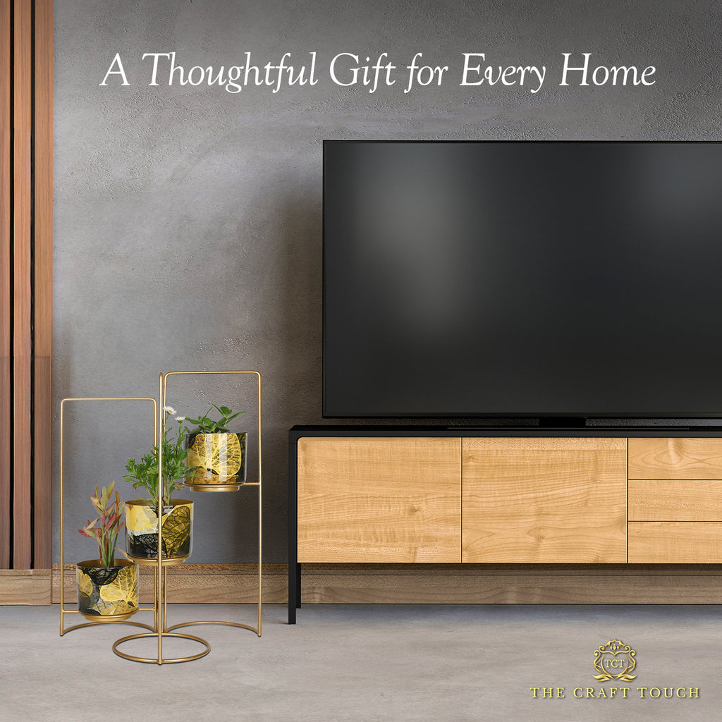 3-Tier Gold Frame Planter Stand with Gold Botanical Leaf Pots