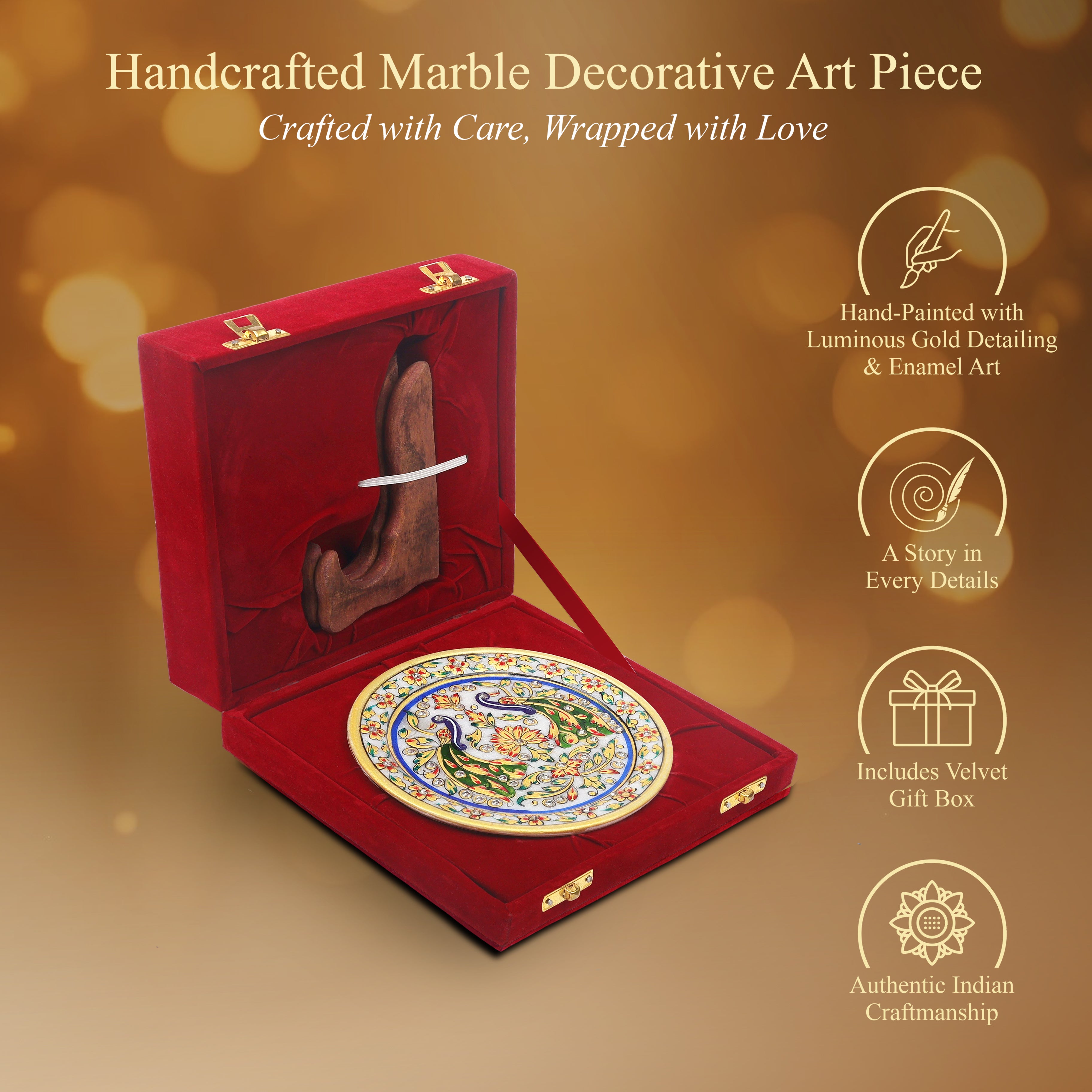 Handcrafted Marble Art Plate – Floral & Peacock Design 6inch (With Valvet Box)