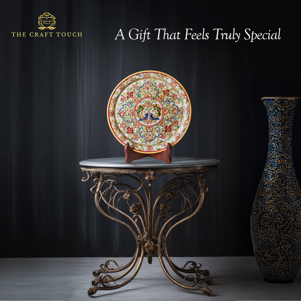 Traditional Elephant Marble Art Plate with Intricate Floral Design