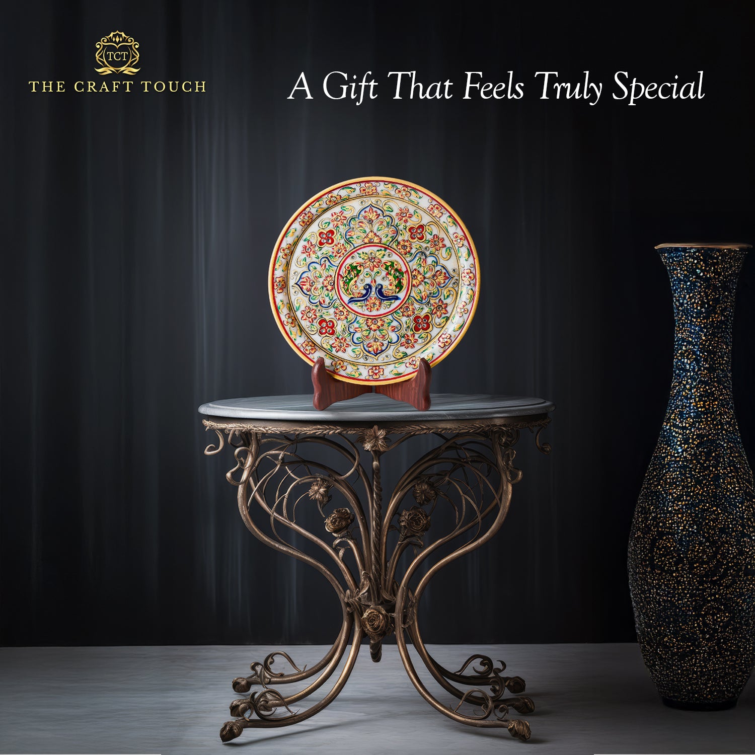 Traditional Elephant Marble Art Plate with Intricate Floral Design