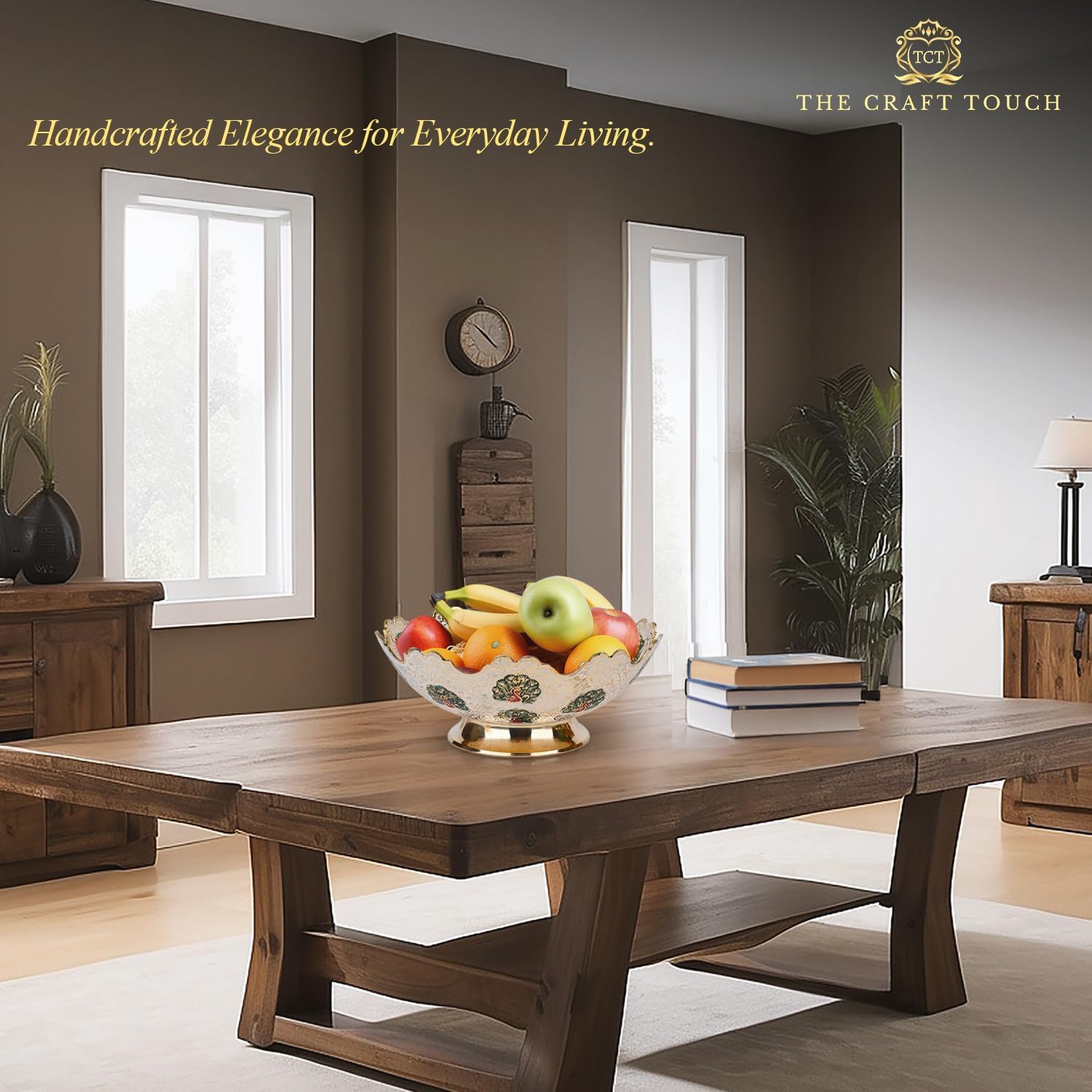 Moroccan Brass Decorative Bowl – 8-Inch Hand-Painted Enamel with Floral Engravings & Scalloped Rim | Elegant Bowl for Fruits, Dining Table Centrepiece, Living Room & Kitchen Décor