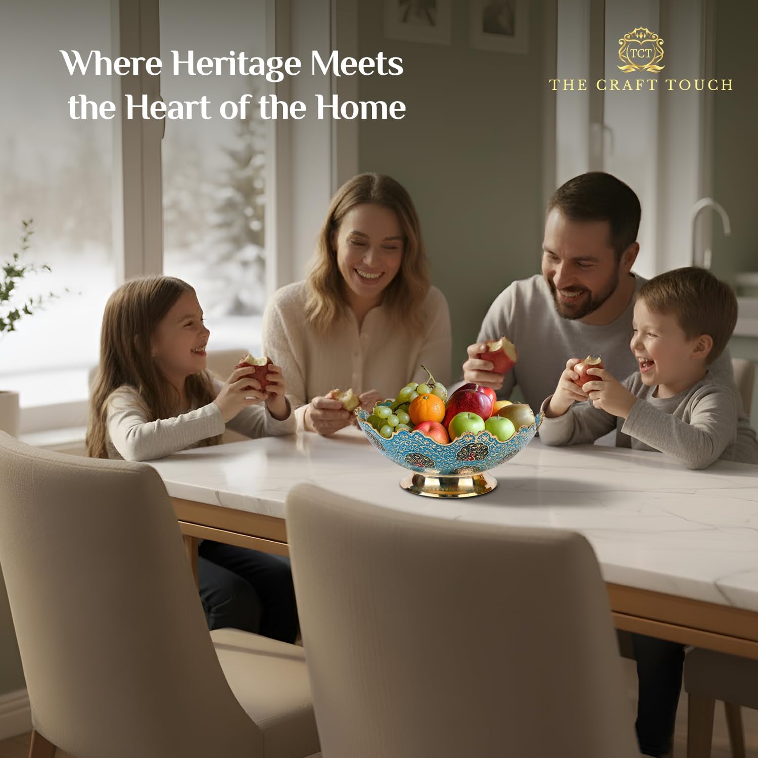 Moroccan Brass Decorative Bowl – 8-Inch Hand-Painted Enamel with Floral Engravings & Scalloped Rim | Elegant Bowl for Fruits, Dining Table Centrepiece, Living Room & Kitchen Décor