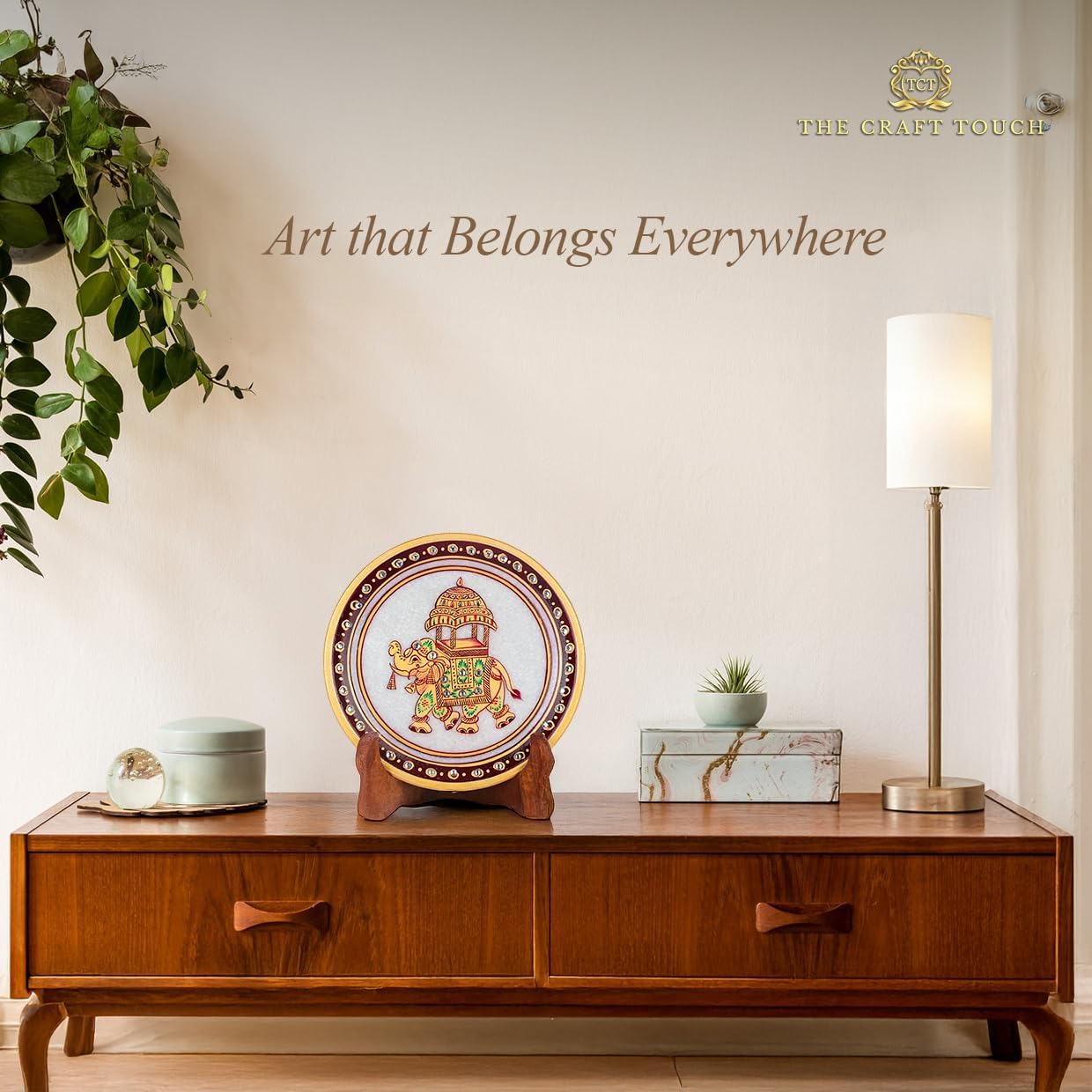 Handcrafted White Marble Decorative Plate, Gold Elephant Design, Luxury Hand-Painted Artisan Art for Home Décor | Perfect for Weddings, Housewarmings & Festive Gifting