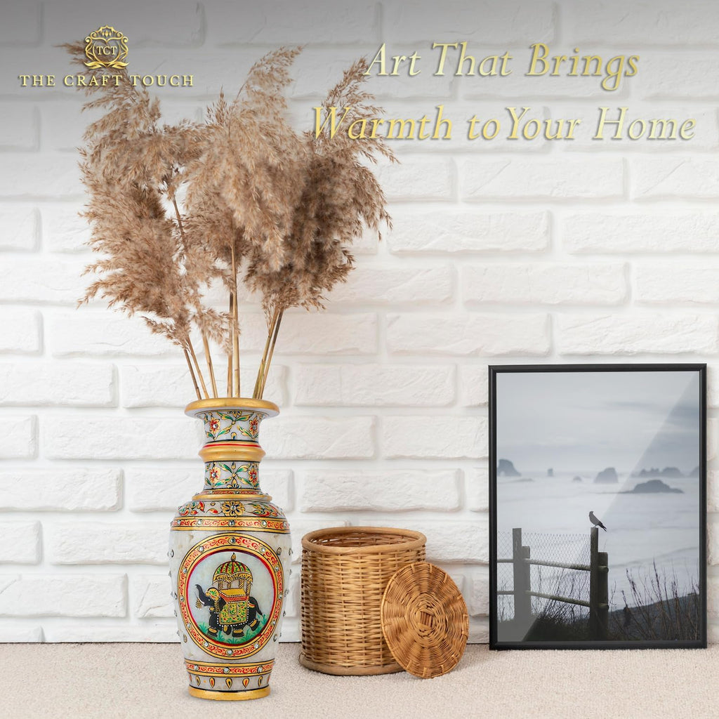 Elegant White Makrana Marble Decorative Vase – 9 Inch Handcrafted Floral Design with Gold-Accented Detailing | Modern Boho Centrepiece for Living Room, Mantel & Luxury Home Décor