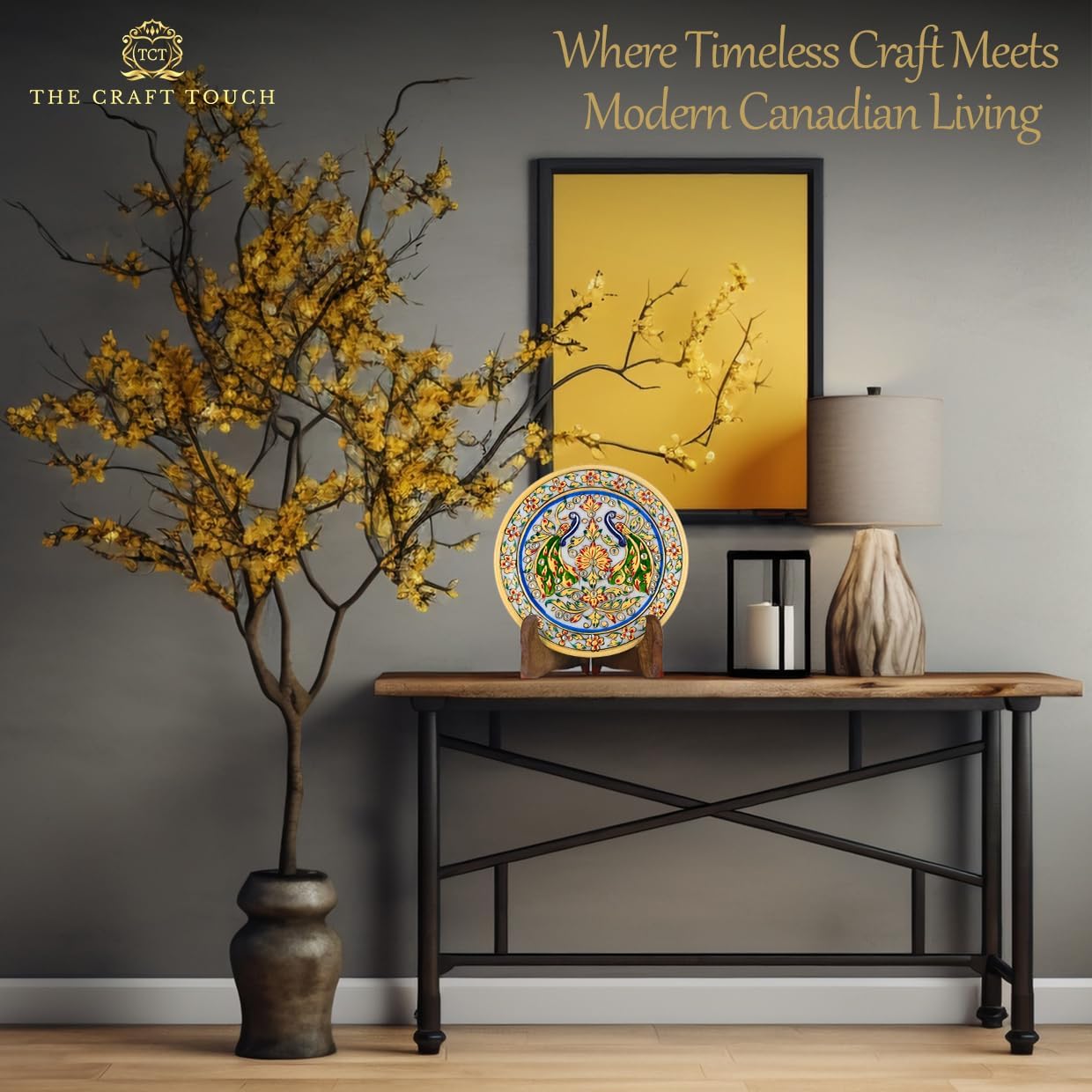 Handcrafted White Marble Decorative Plate, Gold Peacock & Floral Design, Luxury Hand-Painted Artisan Art for Home Décor | Perfect for Weddings, Housewarmings & Festive Gifting