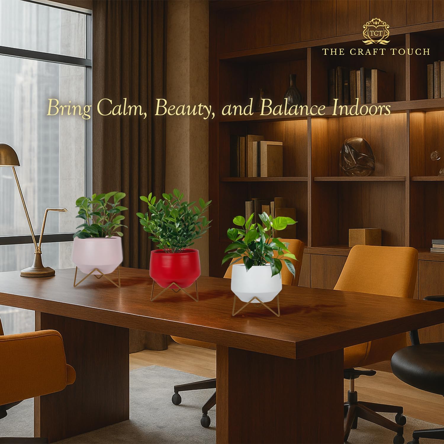 Matte Metal Planters with Gold Stand (Set of 3) – Minimalist Indoor Plant Pots for Living Room, Office & Modern Home Decor