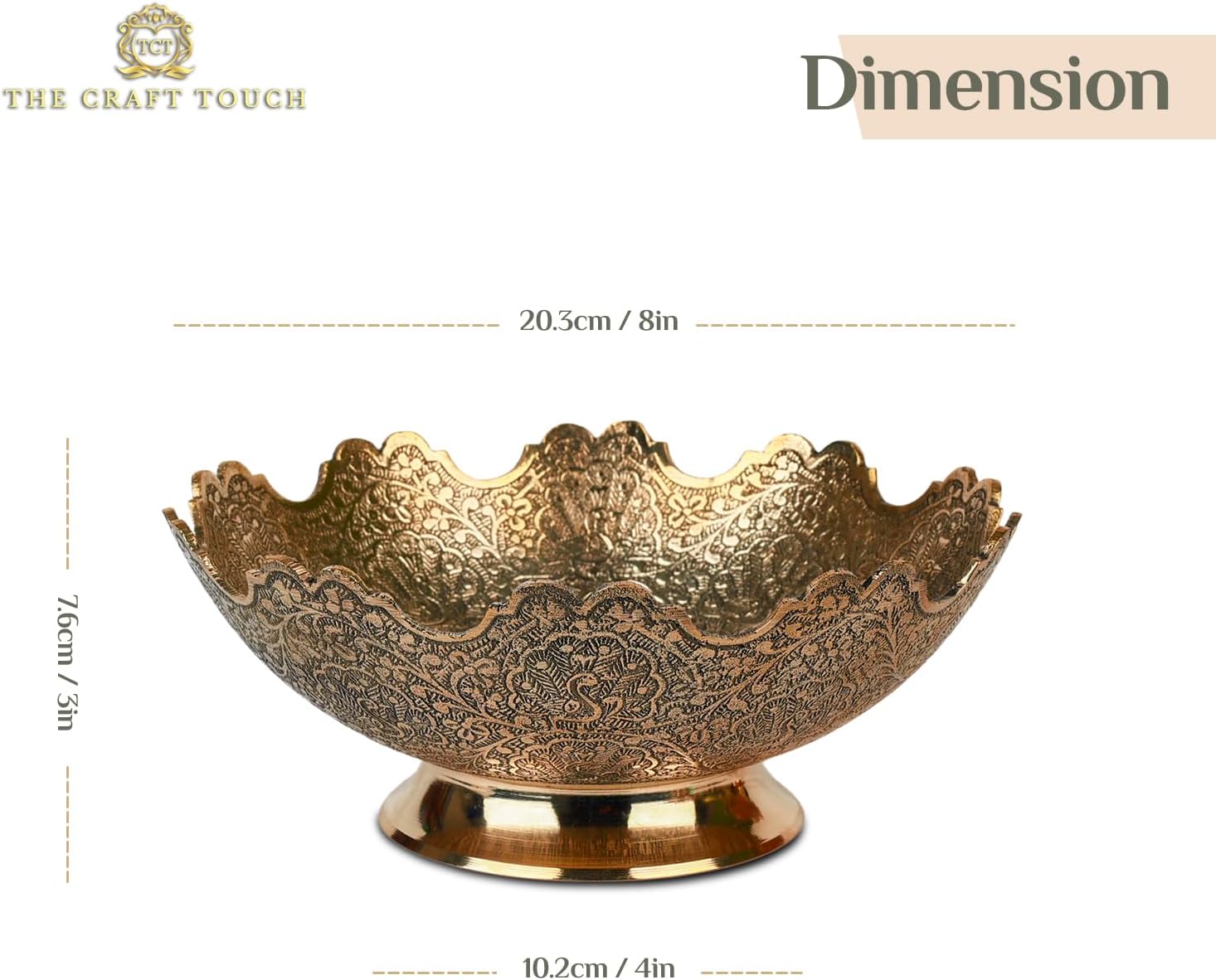 Moroccan Brass Decorative Bowl – 8-Inch Hand-Painted Enamel with Floral Engravings & Scalloped Rim | Elegant Bowl for Fruits, Dining Table Centrepiece, Living Room & Kitchen Décor