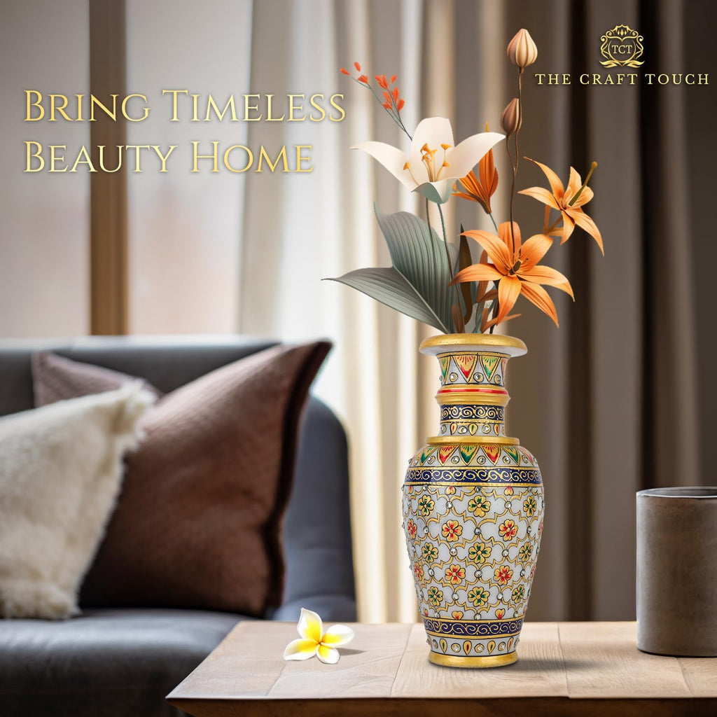 Elegant White Makrana Marble Decorative Vase – 9 Inch Handcrafted Floral Design with Gold-Accented Detailing | Modern Boho Centrepiece for Living Room, Mantel & Luxury Home Décor