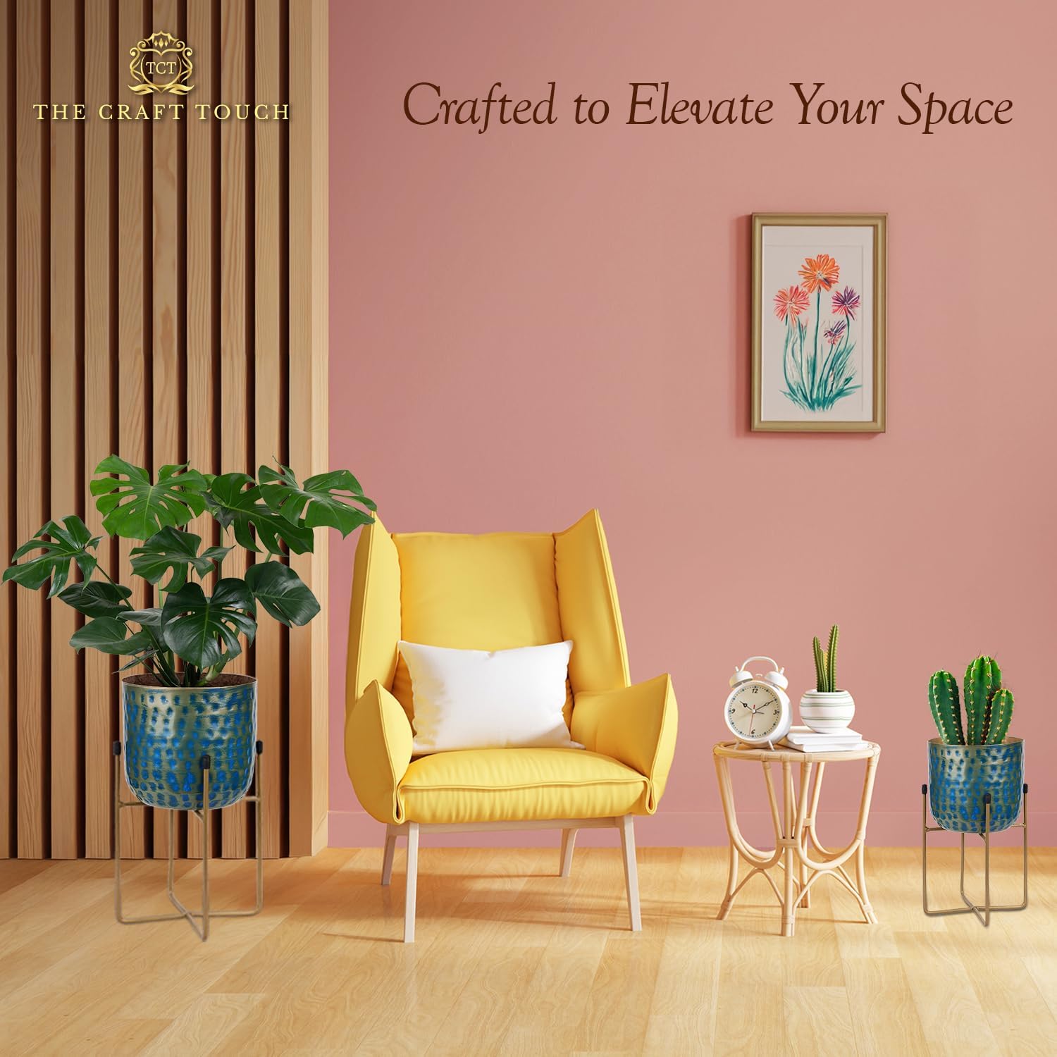 Handmade Blue Textured Metal Planter Set with Modern Gold Stand – Decorative Indoor Plant Pots for Home, Living Room & Office