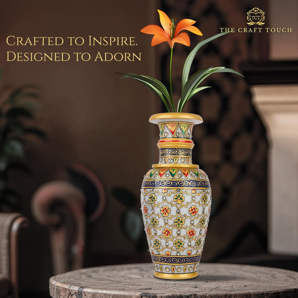 Elegant White Makrana Marble Decorative Vase – 9 Inch Handcrafted Floral Design with Gold-Accented Detailing | Modern Boho Centrepiece for Living Room, Mantel & Luxury Home Décor