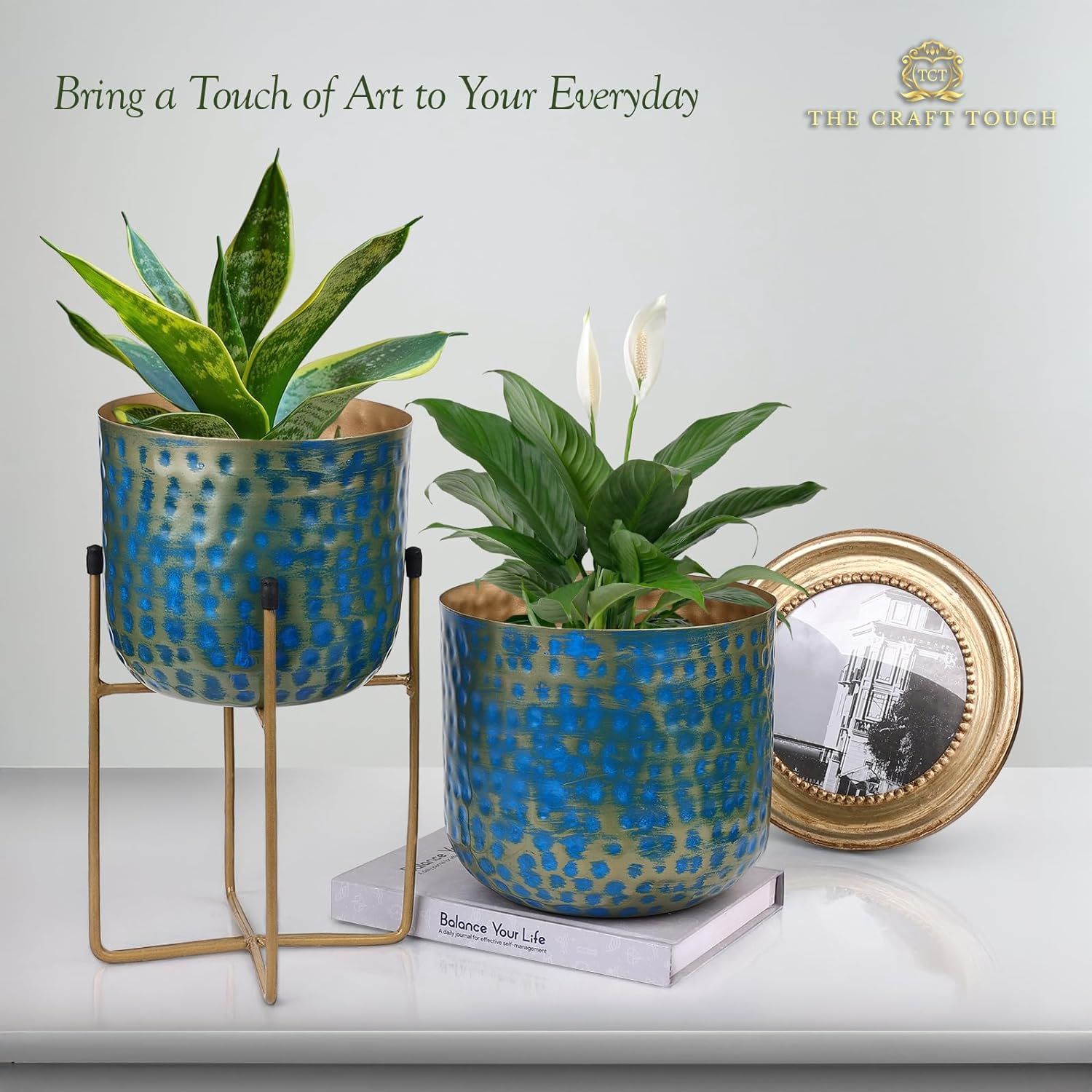 Handmade Blue Textured Metal Planter Set with Modern Gold Stand – Decorative Indoor Plant Pots for Home, Living Room & Office