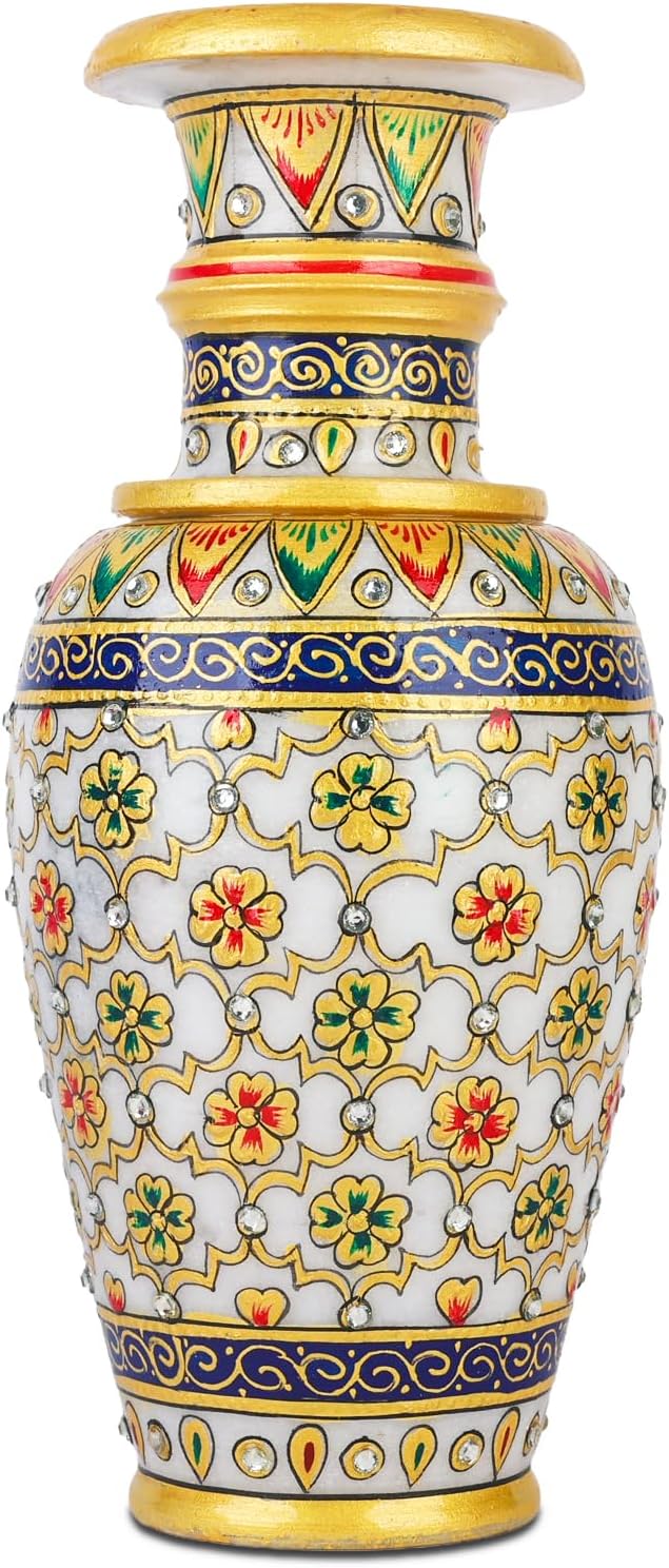 Elegant White Makrana Marble Decorative Vase – 9 Inch Handcrafted Floral Design with Gold-Accented Detailing | Modern Boho Centrepiece for Living Room, Mantel & Luxury Home Décor