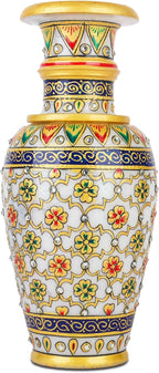 Elegant White Makrana Marble Decorative Vase – 9 Inch Handcrafted Floral Design with Gold-Accented Detailing | Modern Boho Centrepiece for Living Room, Mantel & Luxury Home Décor