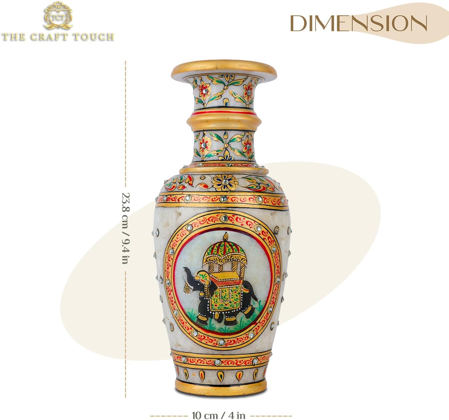 Elegant White Makrana Marble Decorative Vase – 9 Inch Handcrafted Floral Design with Gold-Accented Detailing | Modern Boho Centrepiece for Living Room, Mantel & Luxury Home Décor