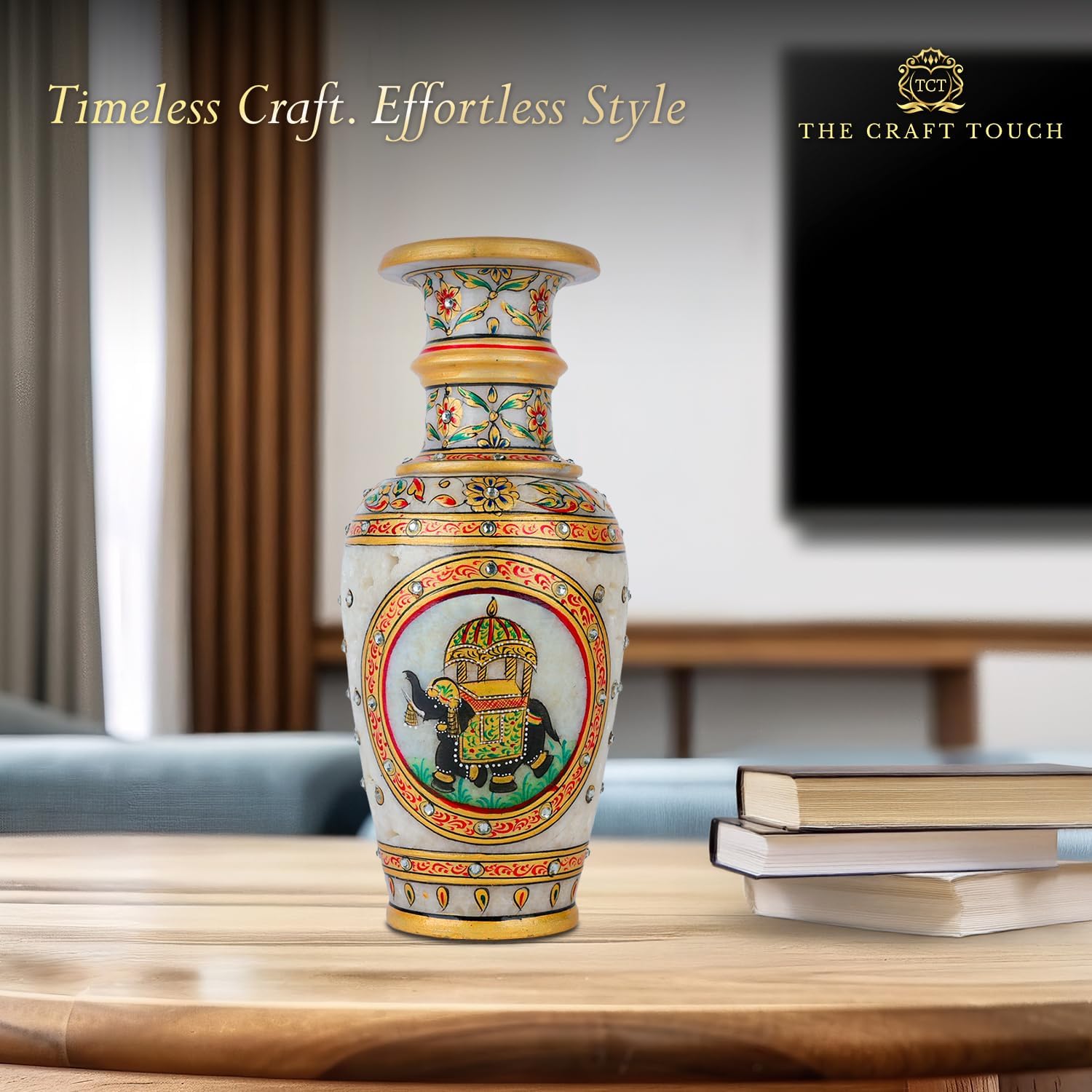 Elegant White Makrana Marble Decorative Vase – 9 Inch Handcrafted Floral Design with Gold-Accented Detailing | Modern Boho Centrepiece for Living Room, Mantel & Luxury Home Décor