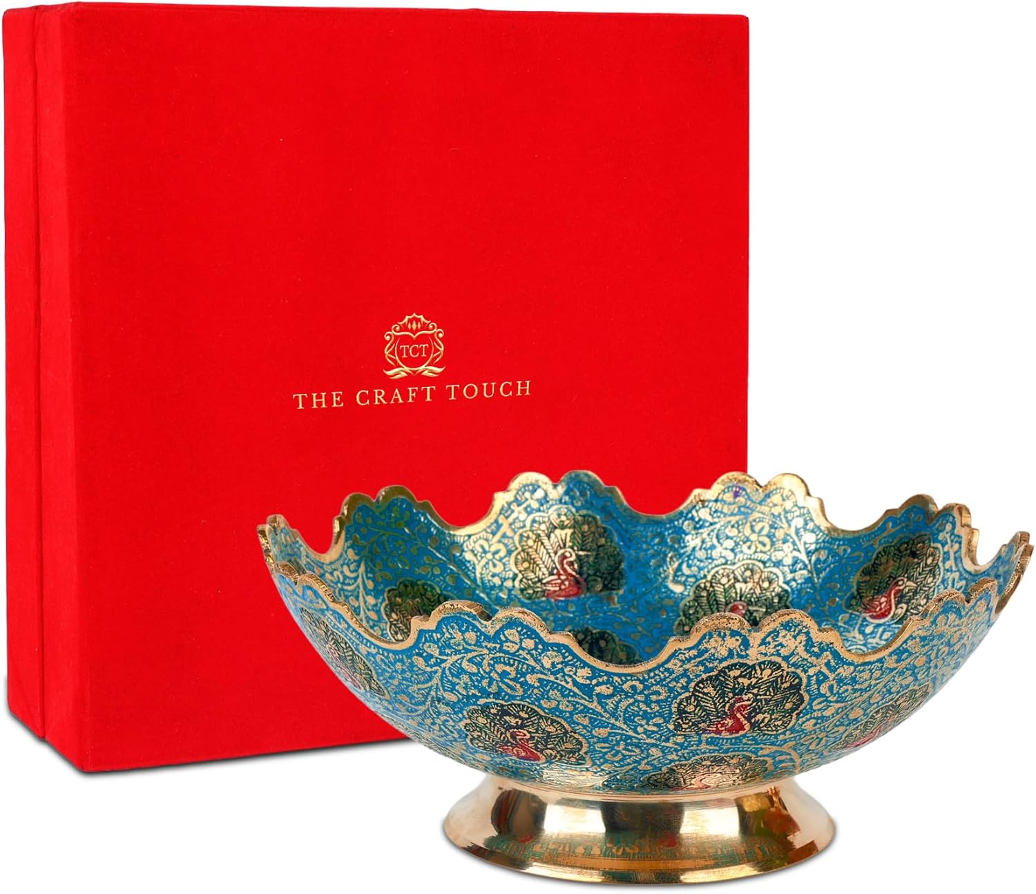 Moroccan Brass Decorative Bowl – 8-Inch Hand-Painted Enamel with Floral Engravings & Scalloped Rim | Elegant Bowl for Fruits, Dining Table Centrepiece, Living Room & Kitchen Décor