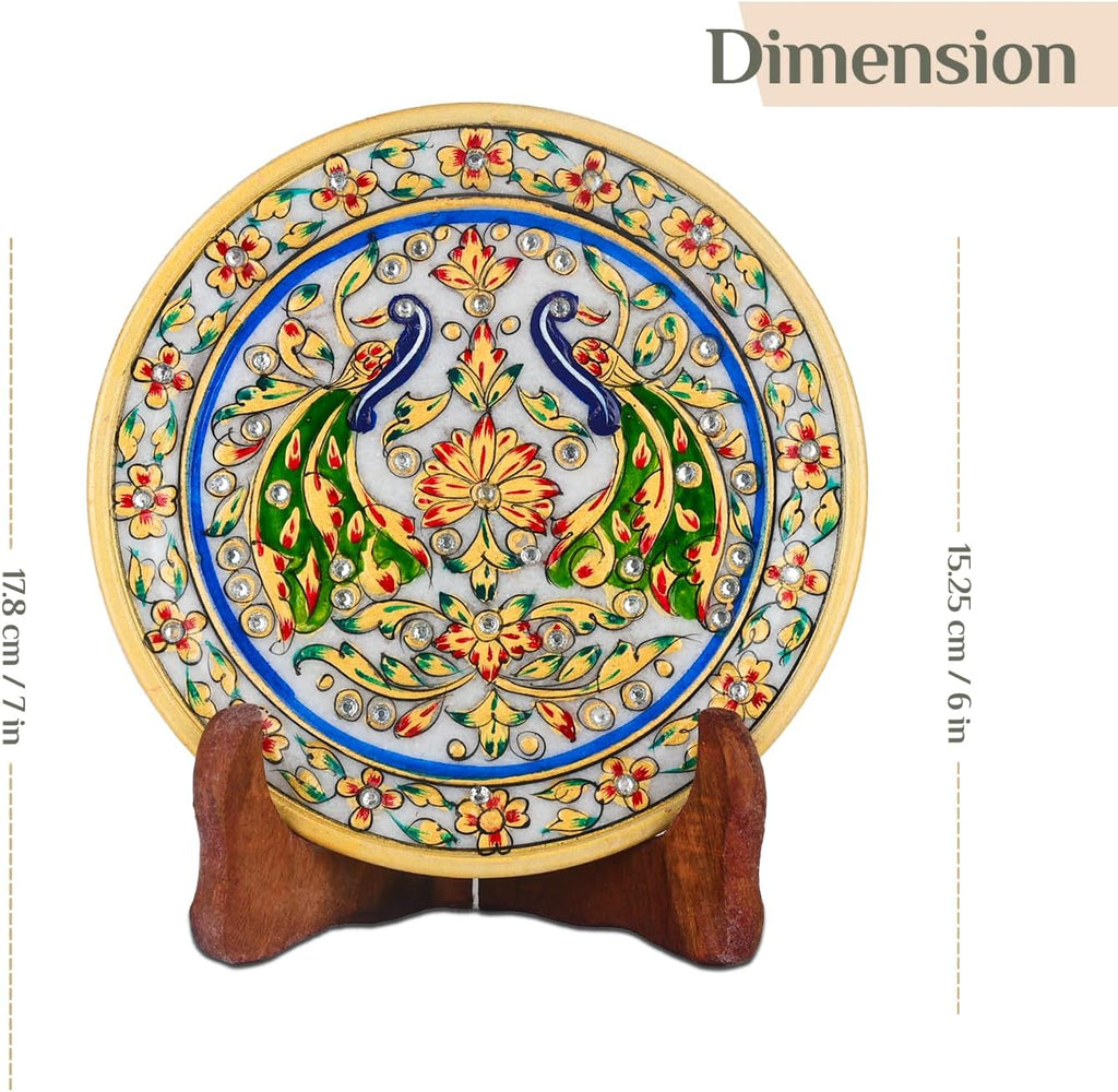 Handcrafted White Marble Decorative Plate, Gold Peacock & Floral Design, Luxury Hand-Painted Artisan Art for Home Décor | Perfect for Weddings, Housewarmings & Festive Gifting