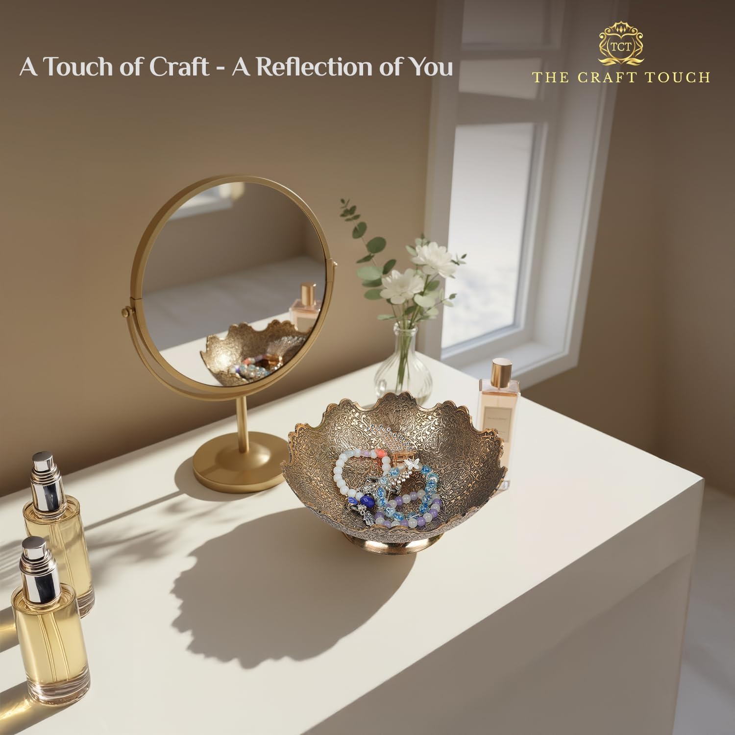 Moroccan Brass Decorative Bowl – 8-Inch Hand-Painted Enamel with Floral Engravings & Scalloped Rim | Elegant Bowl for Fruits, Dining Table Centrepiece, Living Room & Kitchen Décor