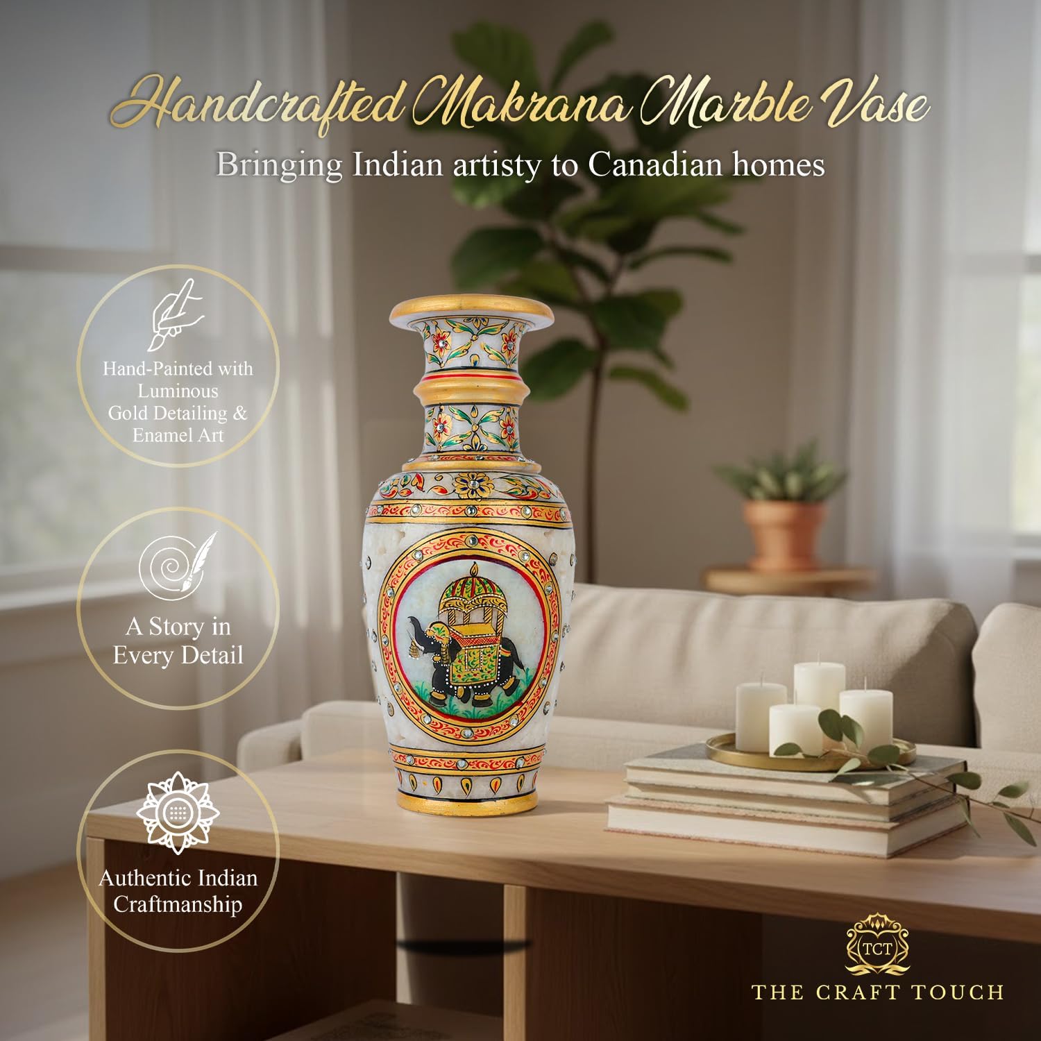 Elegant White Makrana Marble Decorative Vase – 9 Inch Handcrafted Floral Design with Gold-Accented Detailing | Modern Boho Centrepiece for Living Room, Mantel & Luxury Home Décor