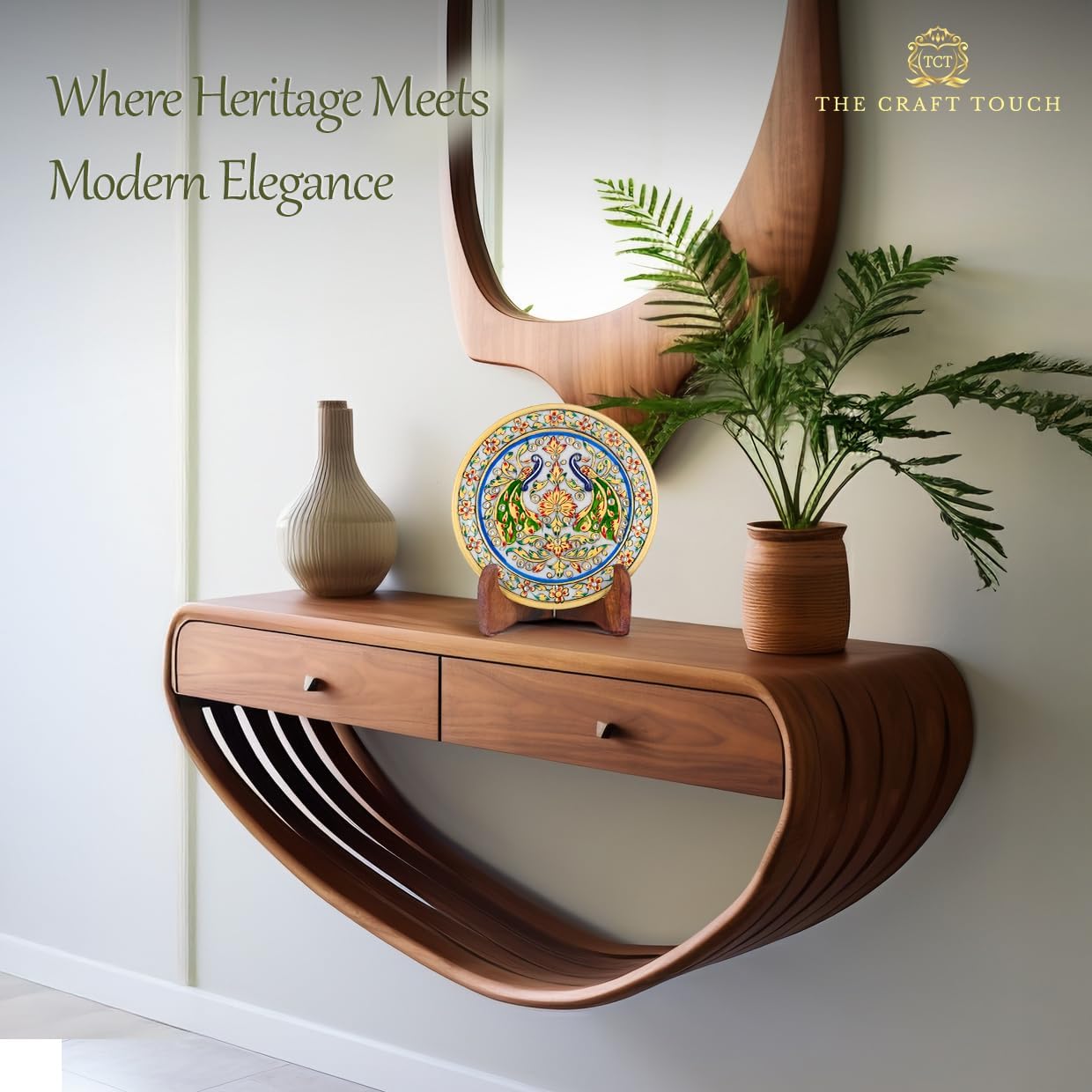 Handcrafted White Marble Decorative Plate, Gold Peacock & Floral Design, Luxury Hand-Painted Artisan Art for Home Décor | Perfect for Weddings, Housewarmings & Festive Gifting