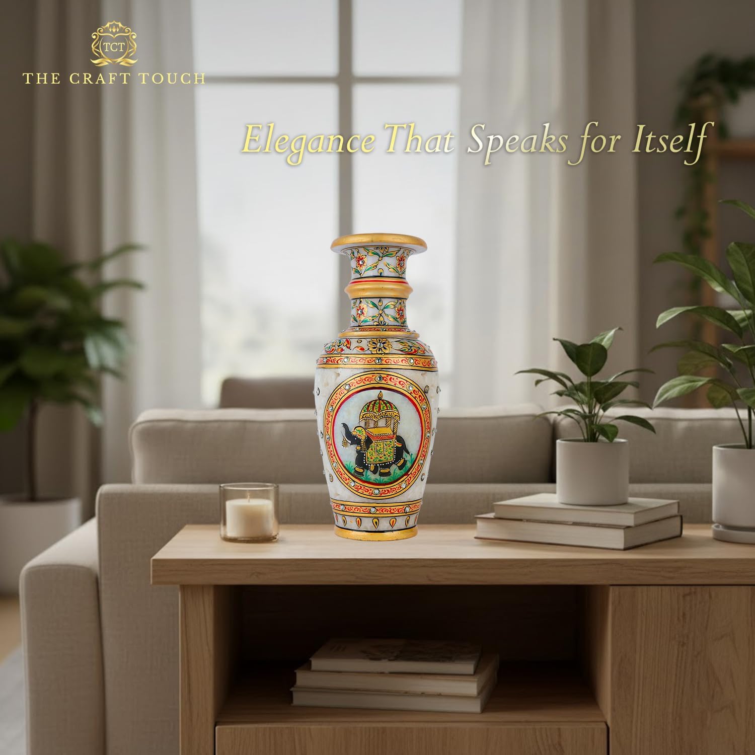 Elegant White Makrana Marble Decorative Vase – 9 Inch Handcrafted Floral Design with Gold-Accented Detailing | Modern Boho Centrepiece for Living Room, Mantel & Luxury Home Décor