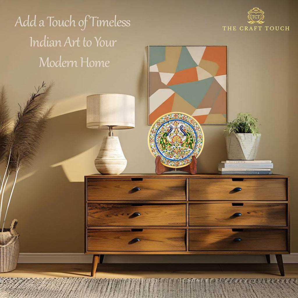 Handcrafted White Marble Decorative Plate, Gold Peacock & Floral Design, Luxury Hand-Painted Artisan Art for Home Décor | Perfect for Weddings, Housewarmings & Festive Gifting