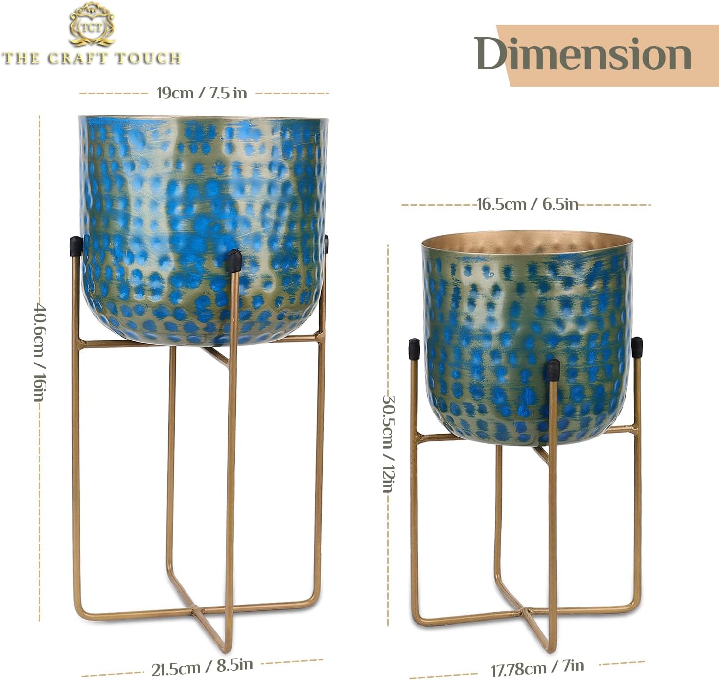Handmade Blue Textured Metal Planter Set with Modern Gold Stand – Decorative Indoor Plant Pots for Home, Living Room & Office